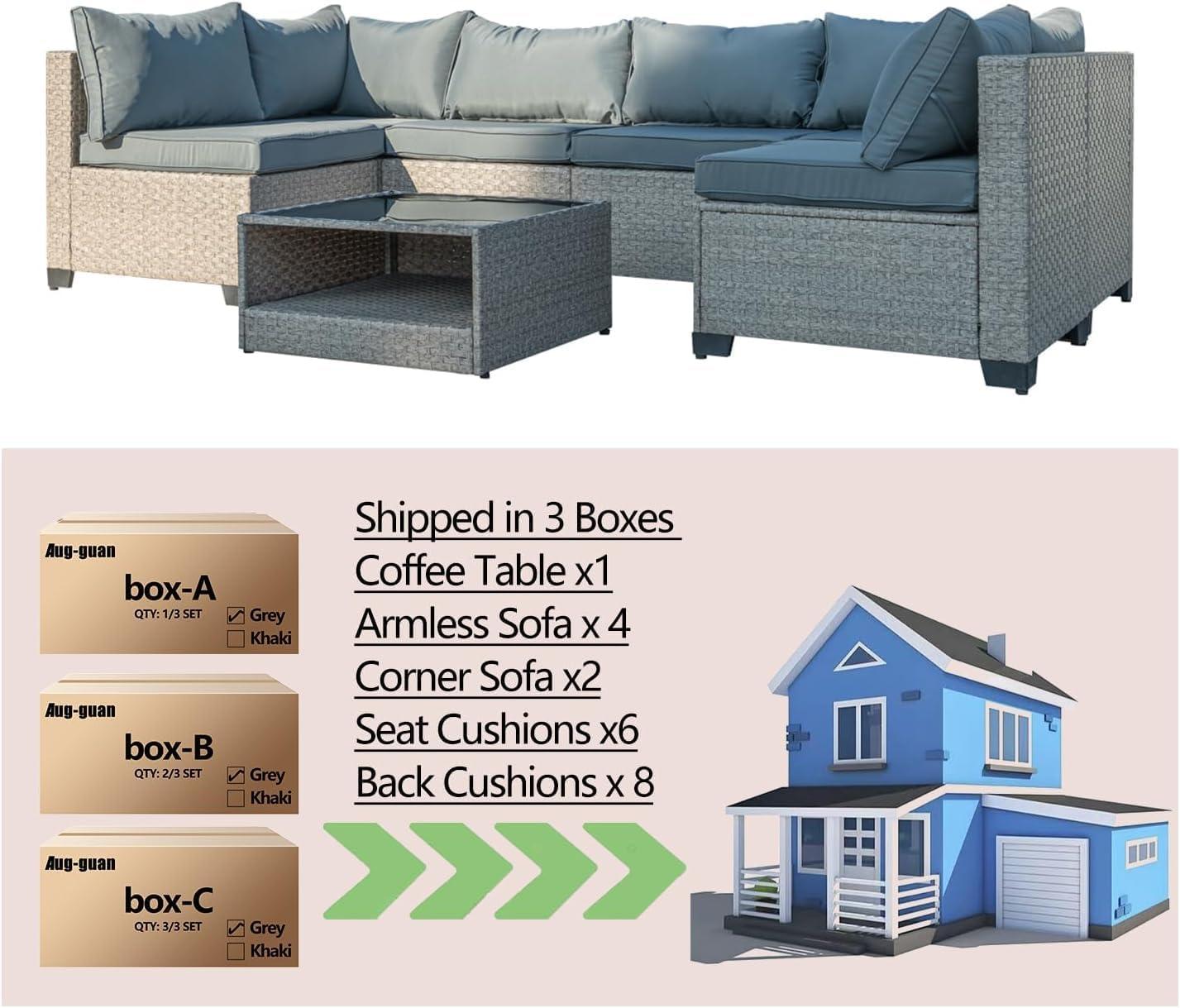 Aug-guan 7-Piece Patio Furniture Set, All-Weather Boho Outdoor Conversation Set Sectional Sofa with Water Resistant Grey Thick Cushions and Storage Table for Yard,Lawn,Grey