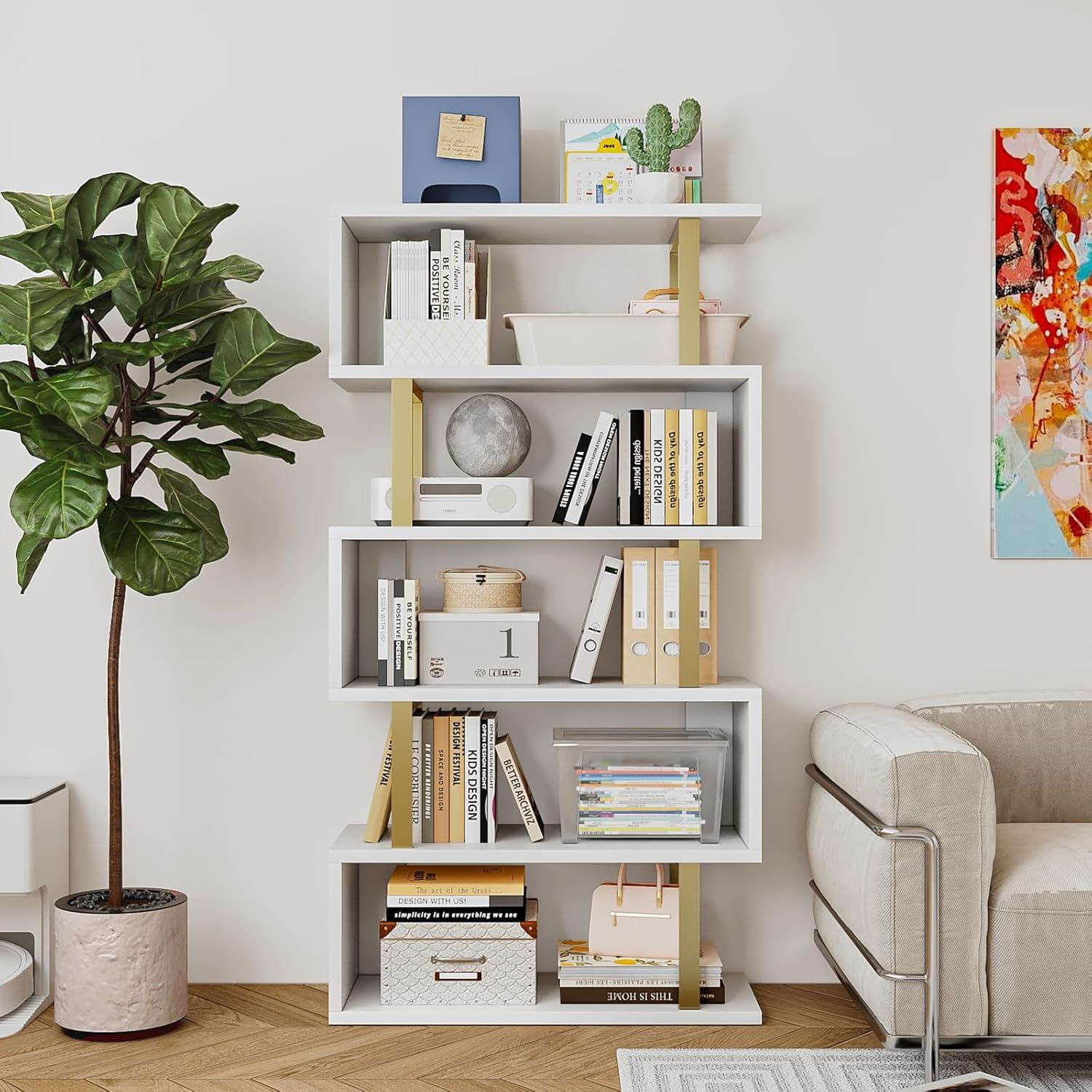 White S-Shaped 5-Tier Geometric Bookcase with Gold Accents