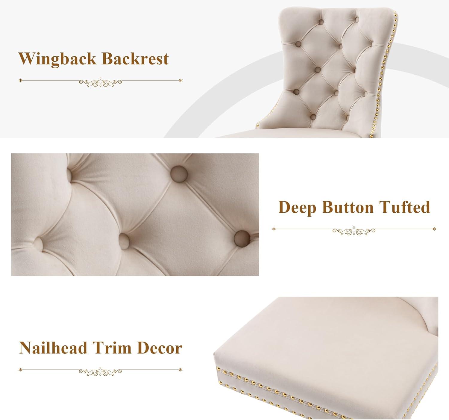 BELLEZE Upholstered Dining Chairs Set of 2, Velvet Luxury Dining Room Chairs with Button Back, Nailhead Trim, Pull-ring, Solid Wood Legs for Kitchen, Living Room, Restaurant - Chandler (Beige)