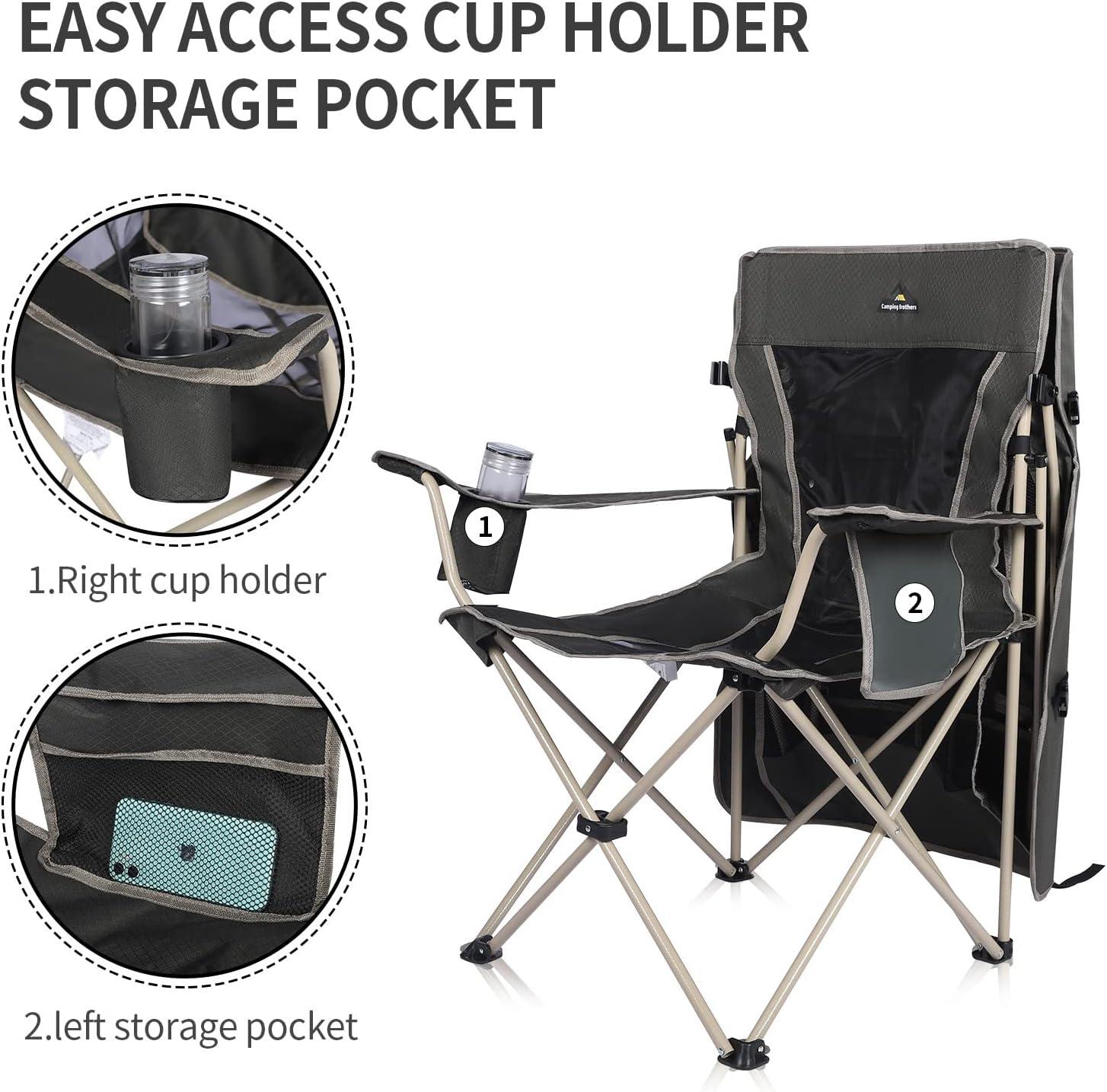 Camping Brothers Camping Chair with Shade Canopy - Outdoor Folding Patio Chair - Includes Retractable Sun Shade, Cup Holder, Side Pockets (Army Green)