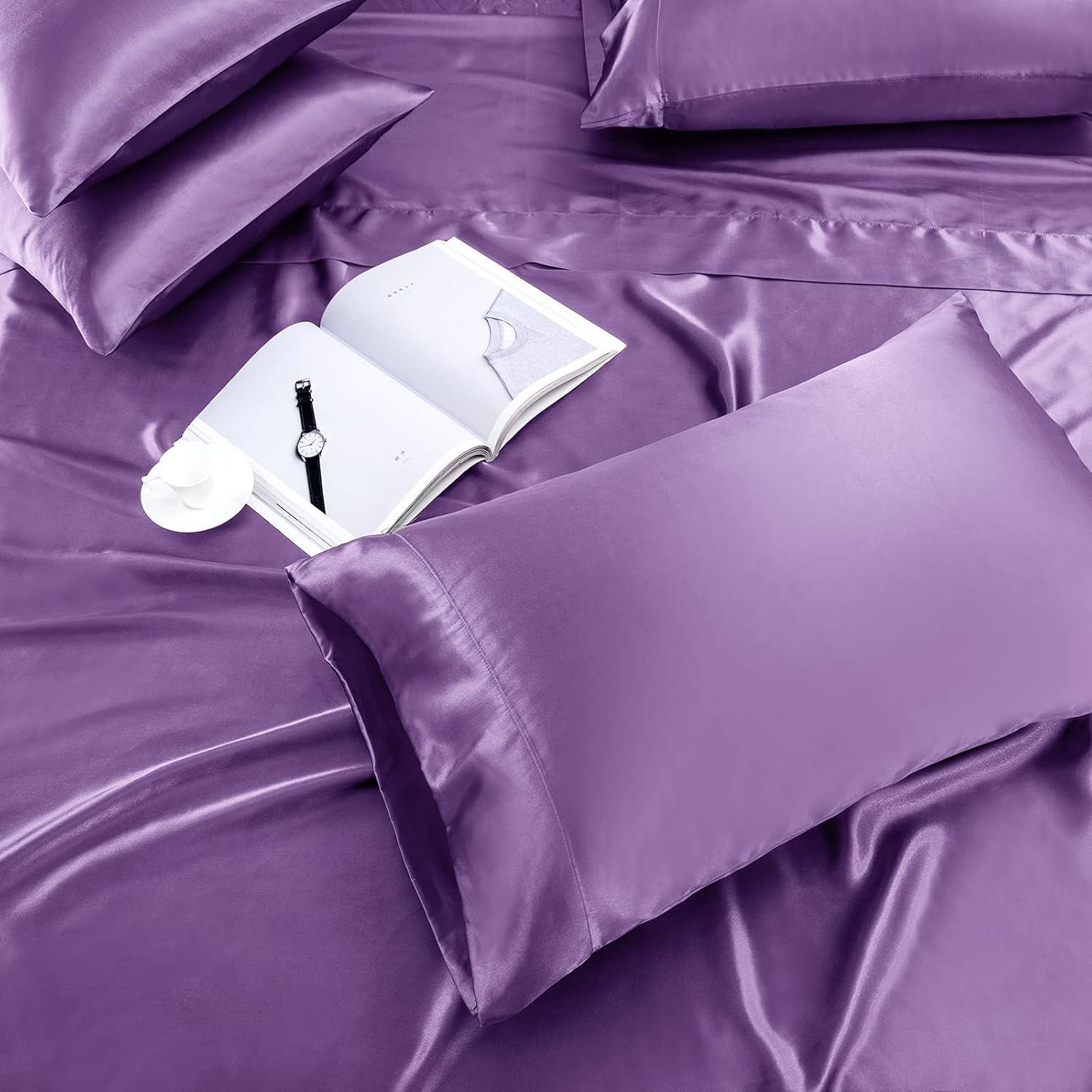 Hight Thread Count Solid Color Soft Silky Charmeuse Satin Luxury and Super Soft Bed Sheet Set (Purple, Queen)