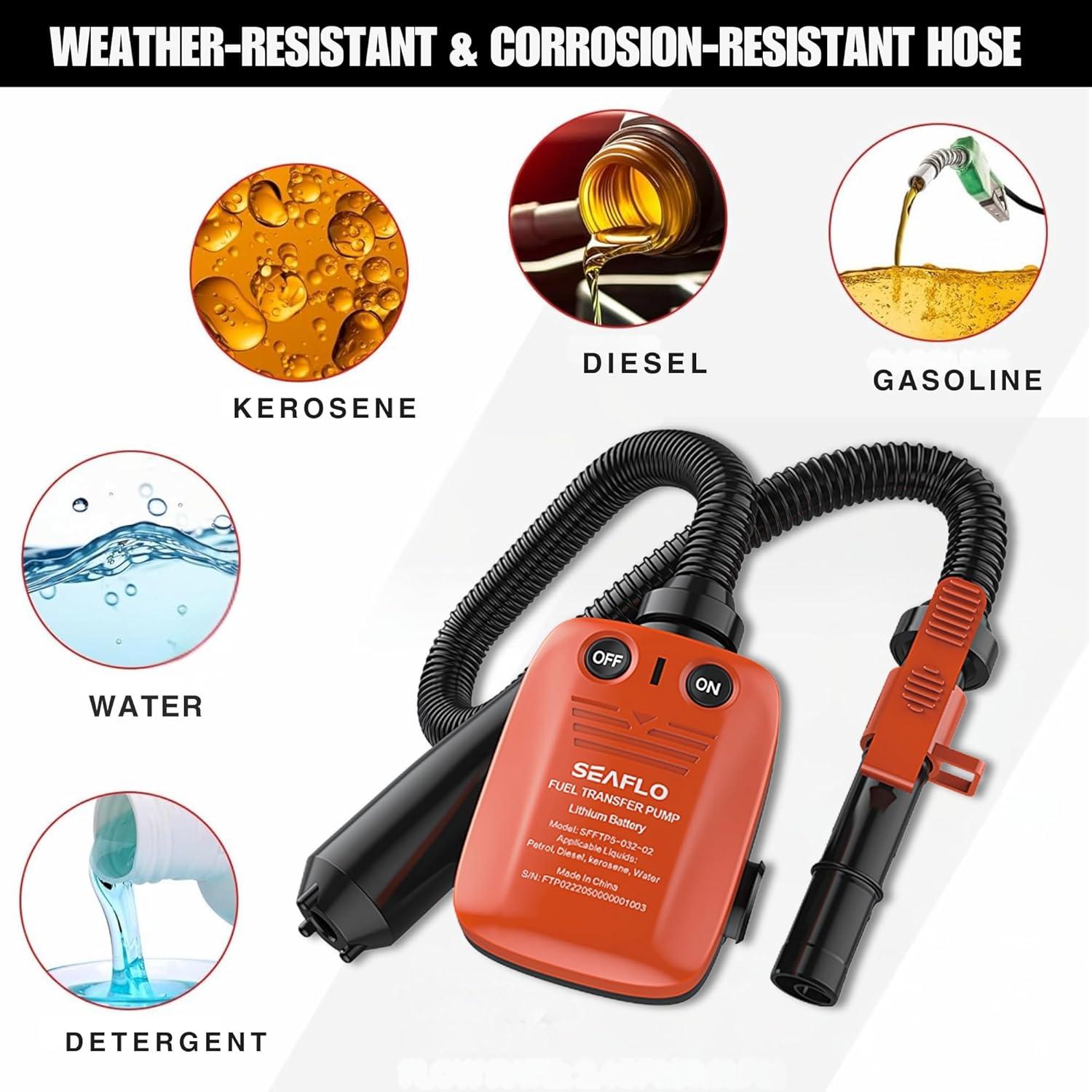 SEAFLO Fuel Pump Transfer Pump (Flow Rate 2.3 GPM - 3.1 GPM) with Hose Suction Pipe Length (18”/ 465mm) and Flexible Discharge Hose Length: 41”/ 1050mm