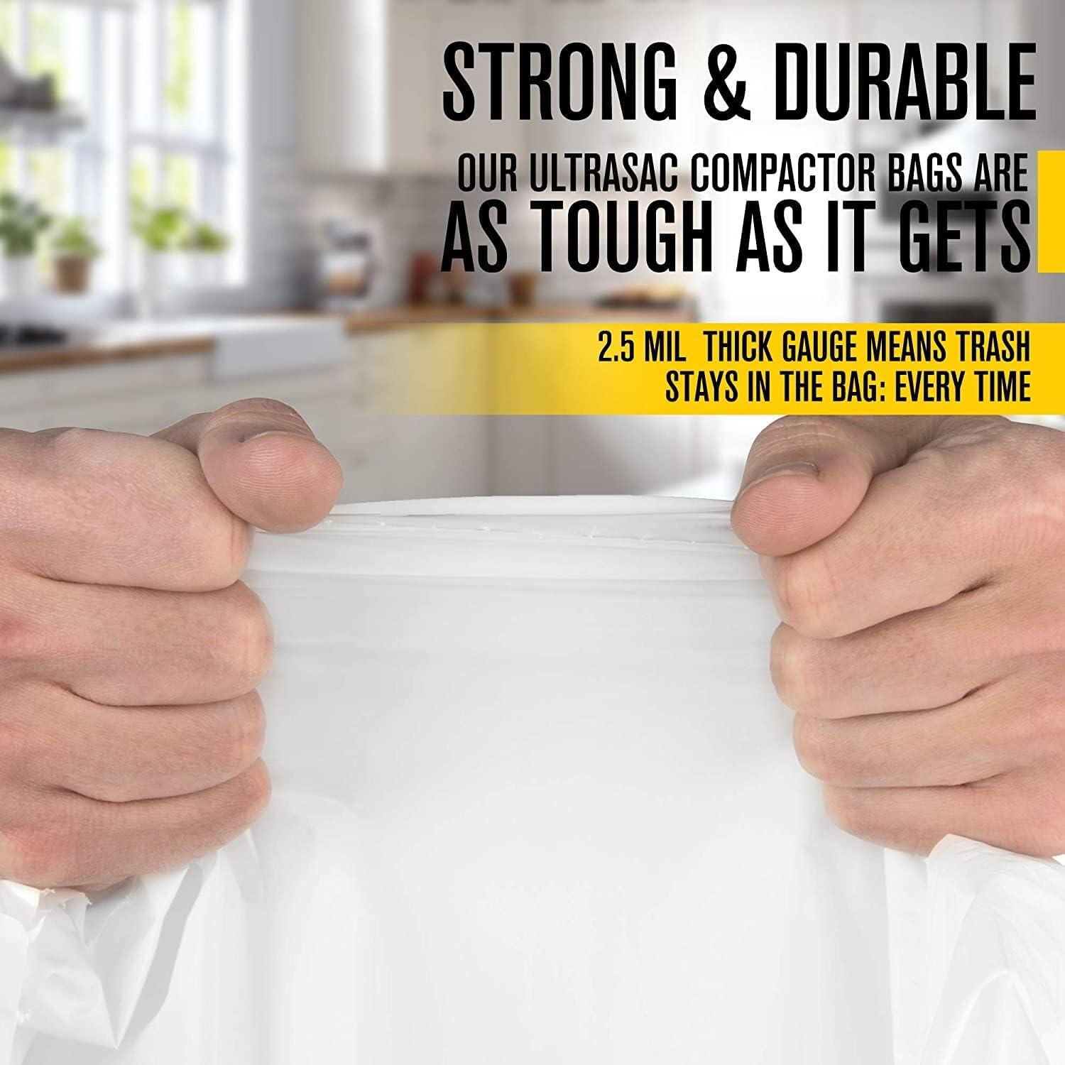 Trash Compactor Bags - (40 Pack with Ties) 18 Gallon for 15 inch Compactors - 25" x 35" Heavy Duty 2.5 MIL Garbage Disposal Bags Compatible with Kitchenaid Kenmore Whirlpool GE Gladiator