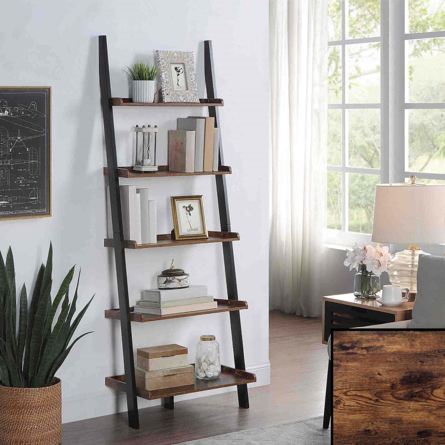 Barnwood and Black Adjustable Wood Ladder Bookshelf