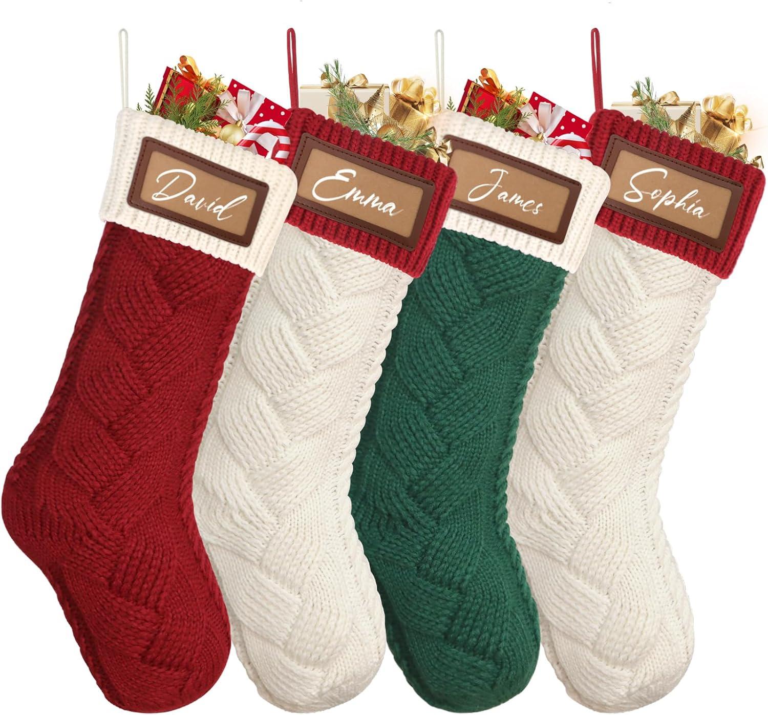 Large Red and Green Cable Knit Christmas Stockings, 4 Pack