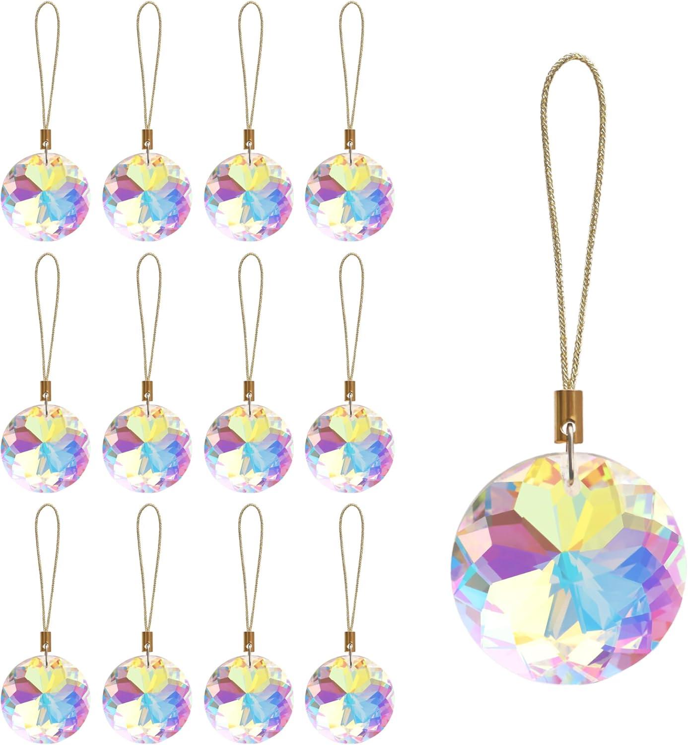 12 Pcs Crystal Glass Christmas Balls Ornaments, 1.18″ Mini Round Prism Flower Xmas Tree Decorations, Hanging Ornament for Wedding Party Home Decor