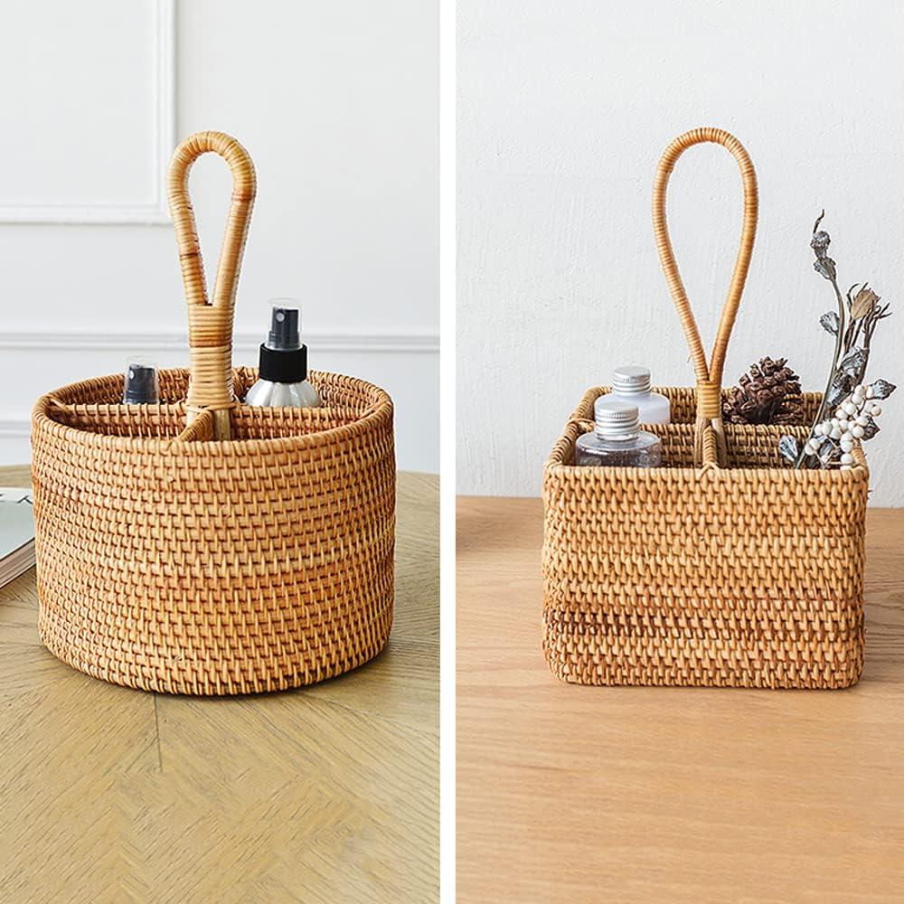 Stack man 2 Pack Rattan Round Condiment Carrier Cooking Utensil Caddy Holder- 4-Compartment Handmade Flatware Organizer Silverware Caddy For Tabletop,Parties, Cooking Utensil Condiment Organizer