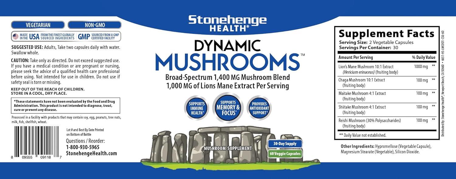 Stonehenge Health Dynamic Mushrooms - 100% Fruiting Bodies & Extracts - Lion’s Mane, Chaga, Maitake, Shiitake, Reishi - Nootropic Brain & Focus, Immune System Booster No Mycelium, 60 Veggie Capsules