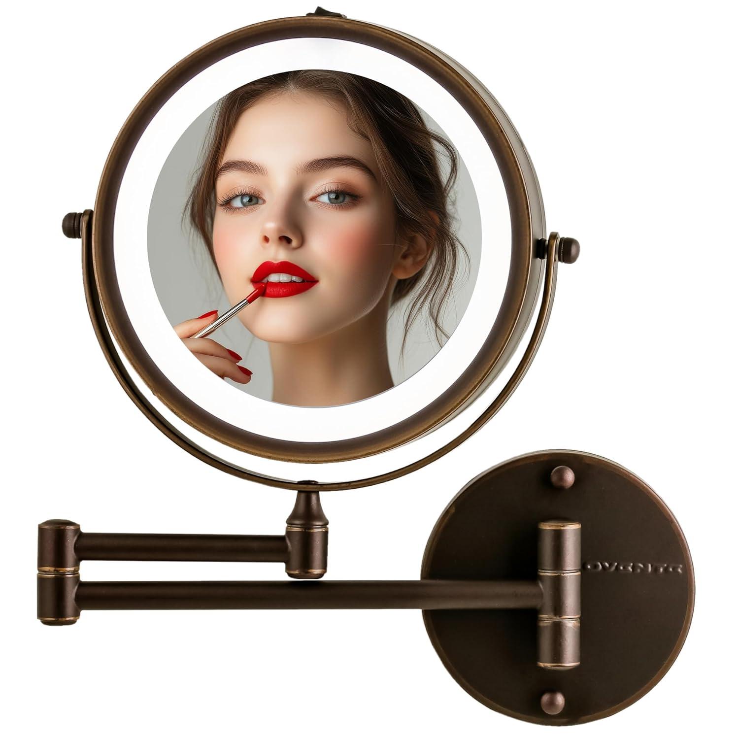 Ovente OVENTE 7" Lighted Wall Mount Makeup Mirror with 1X/10X Magnification, Cordless Double Sided Magnifying Round Vanity Mirror, 360° Swivel Design, Extendable and Folding Arm, Antique Bronze MFW70ABZ1X10X