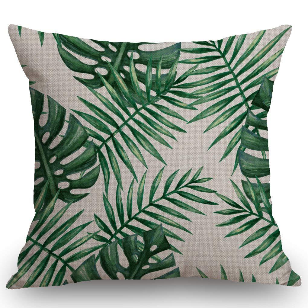 SSOIU Farmhouse Decorative Throw Pillow Cover Watercolor Tropical Palm Leaves Green Leaf Decoration Home Decor Cotton Linen Cushion Case for Sofa Couch, 18" x 18"