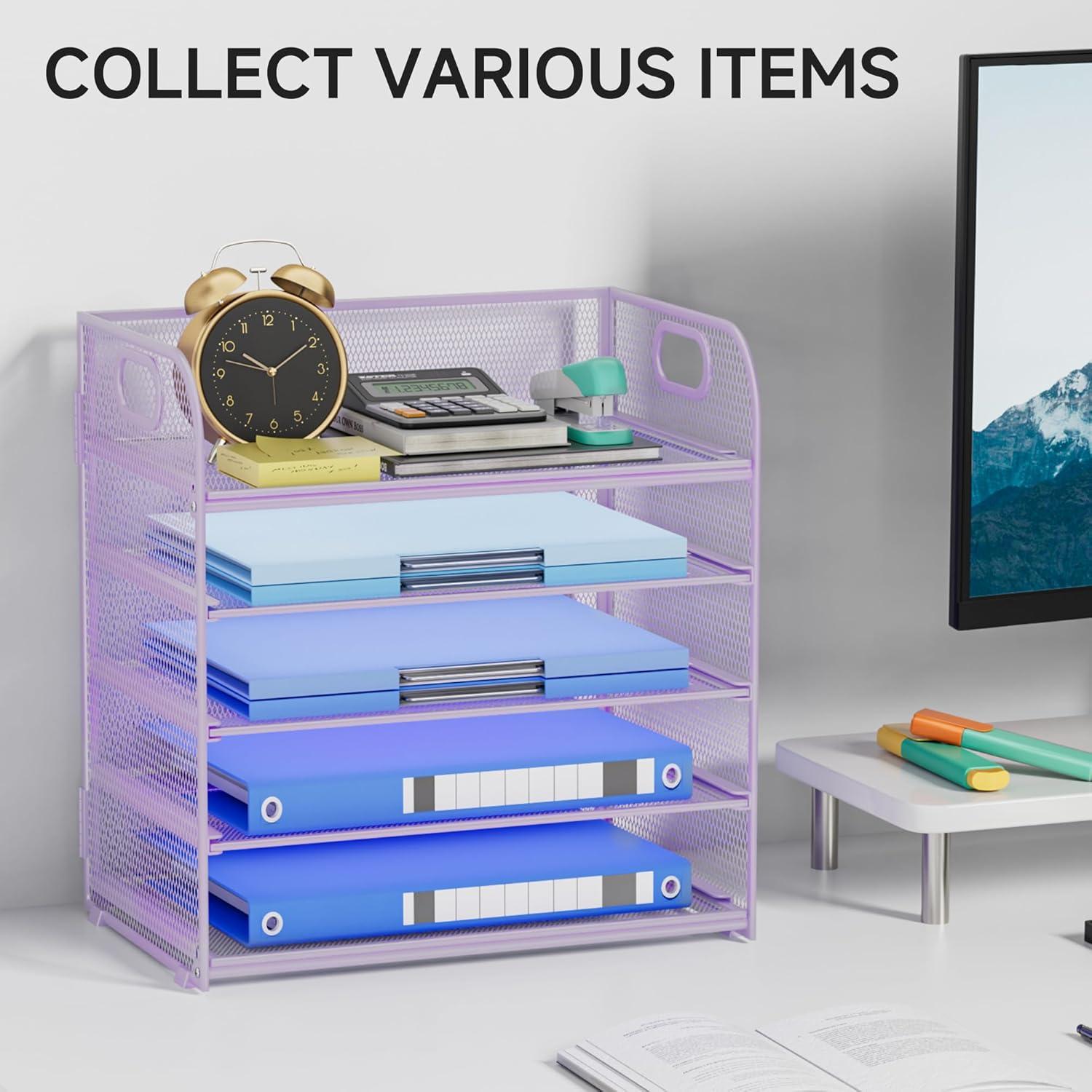 Marbrasse Paper Organizer Letter Tray, 5 Tier Mesh File Organizer with Handle, Paper Sorter Desk Organizer for Home Office Supplies - Purple
