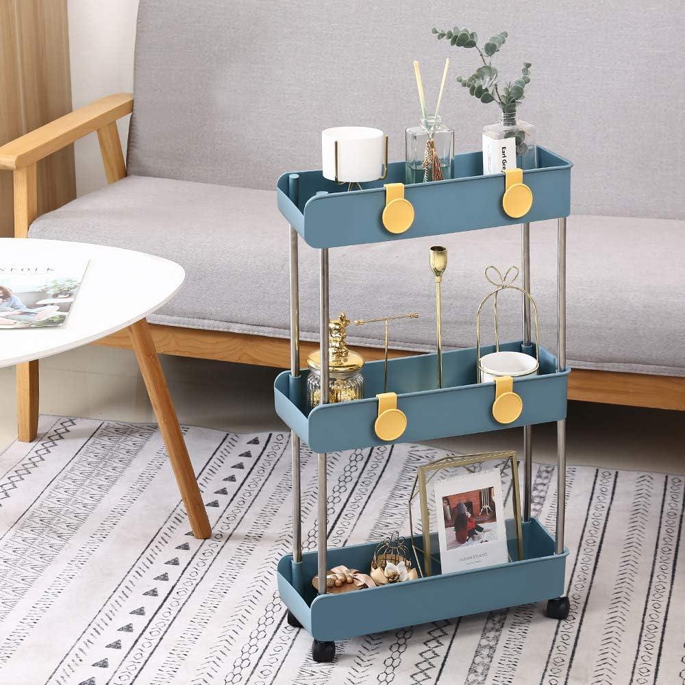 Navy Blue 3-Tier Adjustable Rolling Storage Cart with Yellow Accents