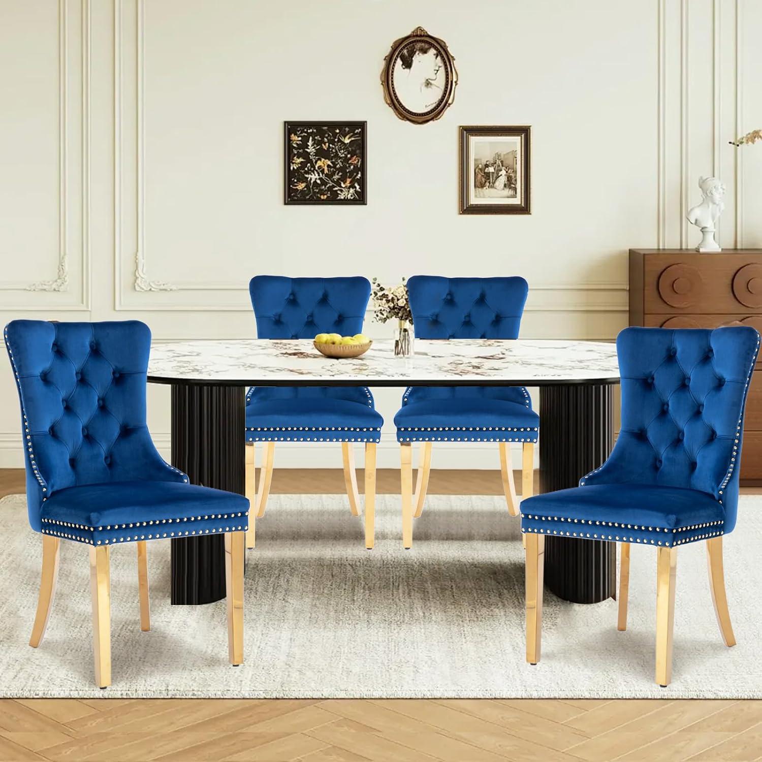 ODUSE-DAILY Velvet Dining Chairs Set of 4, Navy Kitchen & Dining Room Chairs, Tufted Dining Chairs, Fabric Upholstered, Solid Wood, Sillas De Comedor (Blue, 4 Pcs)