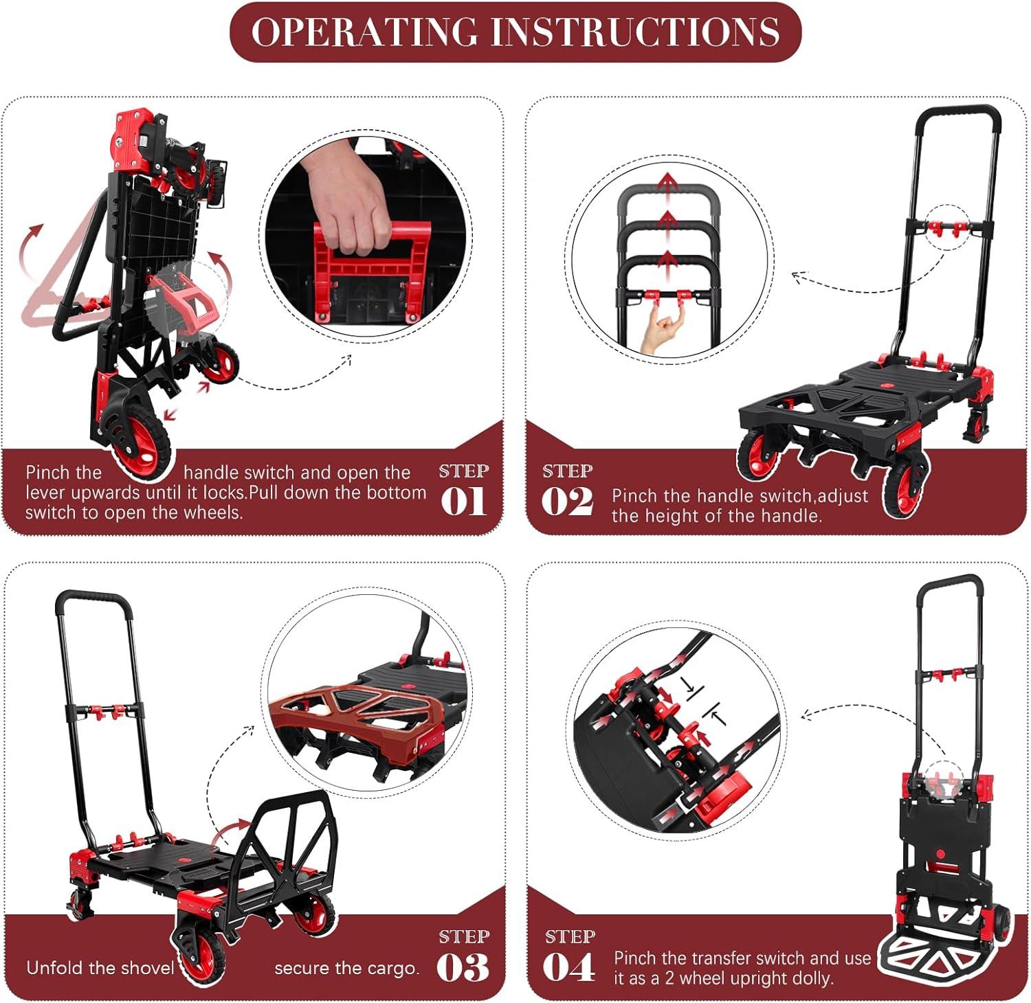 Arlopu 2 in 1 Foldable Hand Truck Dolly with Basket, 330LBS Capacity Folding Hand Cart Platform Cart Dolly with Retractable Handle, Rubber Wheels and 2 Elastic Ropes