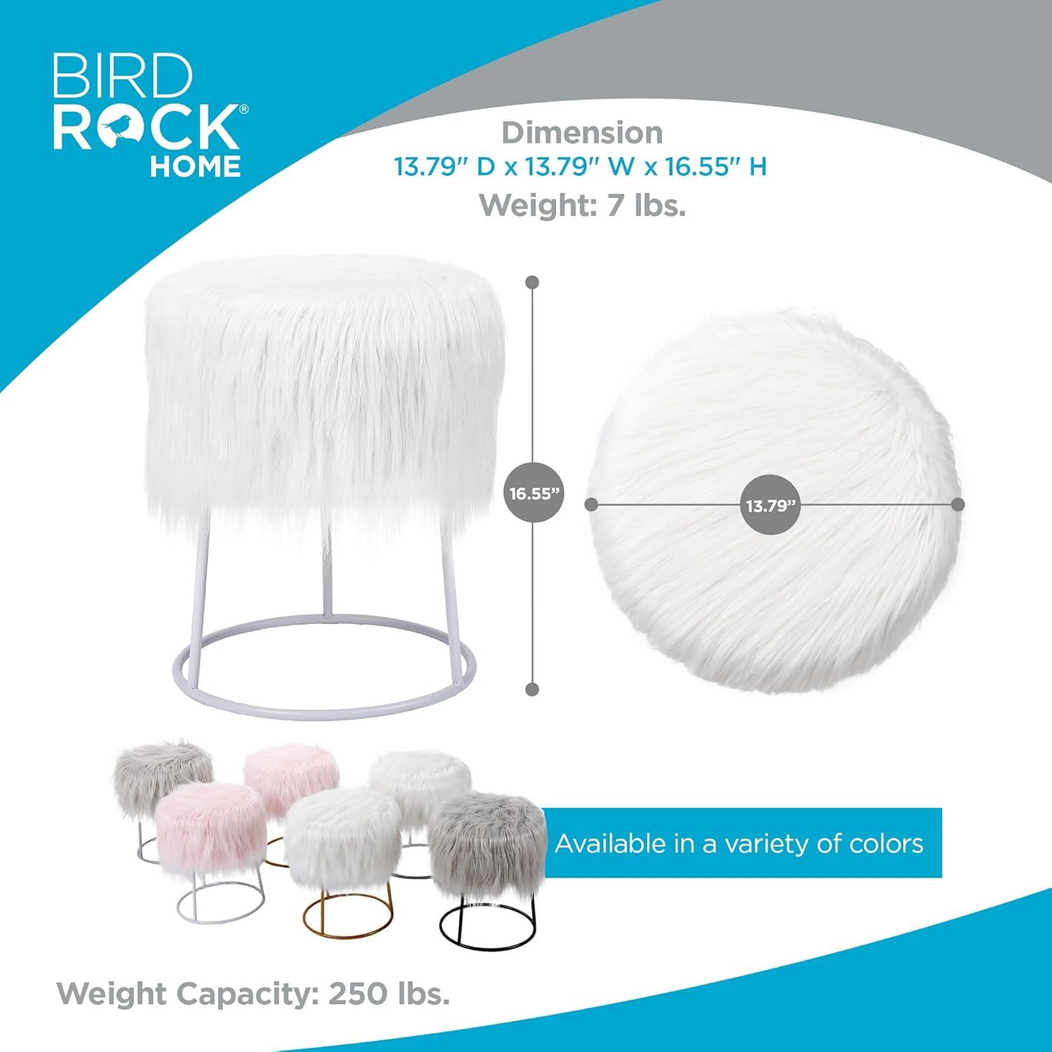 BirdRock Home Round White Faux Fur Foot Stool Storage Ottoman with Silver Legs