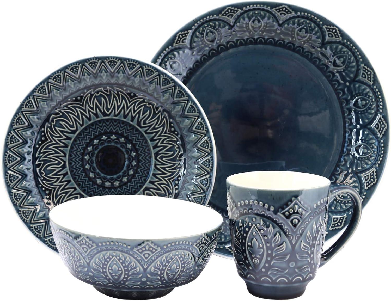 16pc Stoneware Mandala Embossed Dinnerware Set Blue - Elama: Classic Lace Pattern, Service for 4, Microwave & Dishwasher Safe