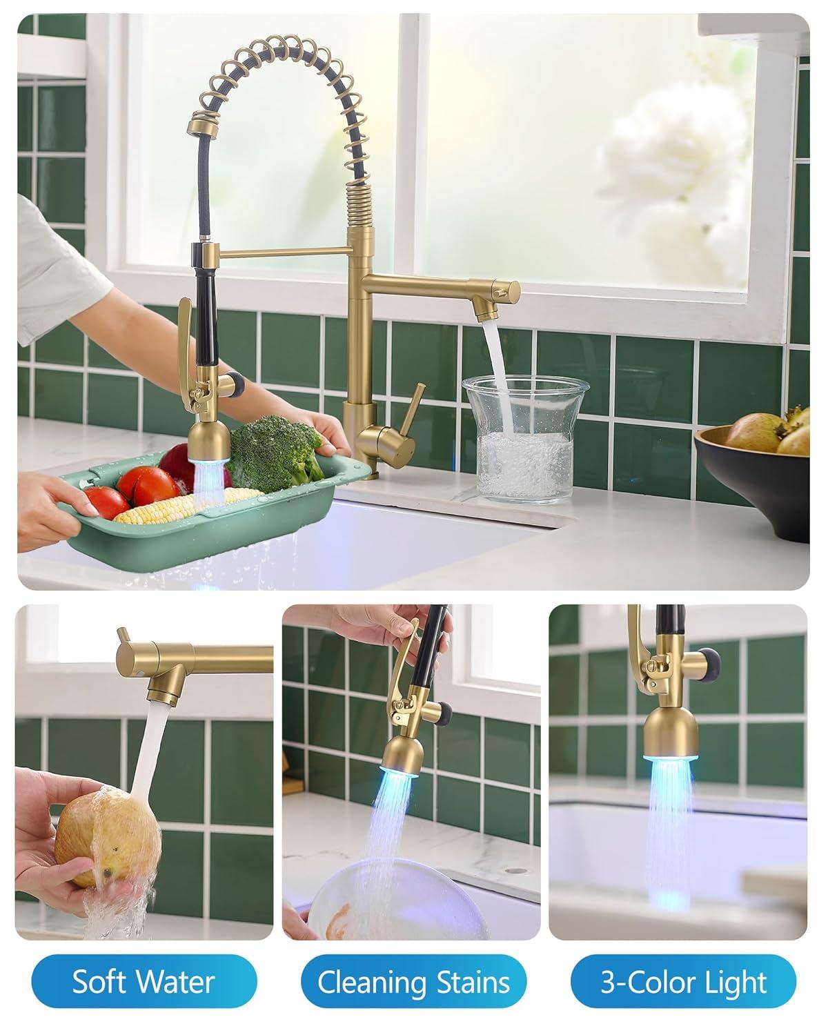 Fapully Single Handle High Arc Brushed Gold Pull Down Kitchen Faucet LED,Single Level Kitchen Sink Faucets with Pull Down Sprayer