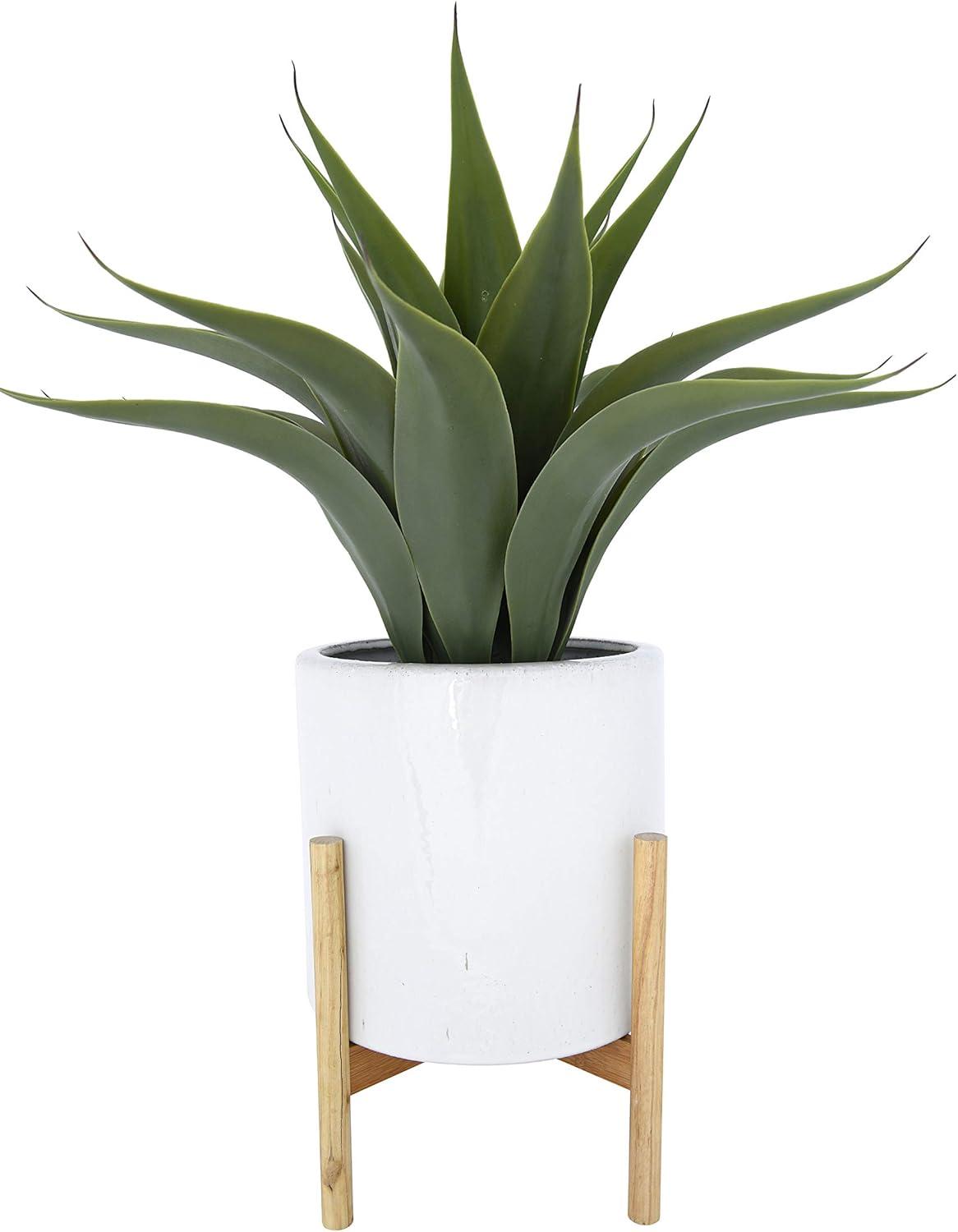 White Stoneware Planter with Wooden Stand, 10" Pot