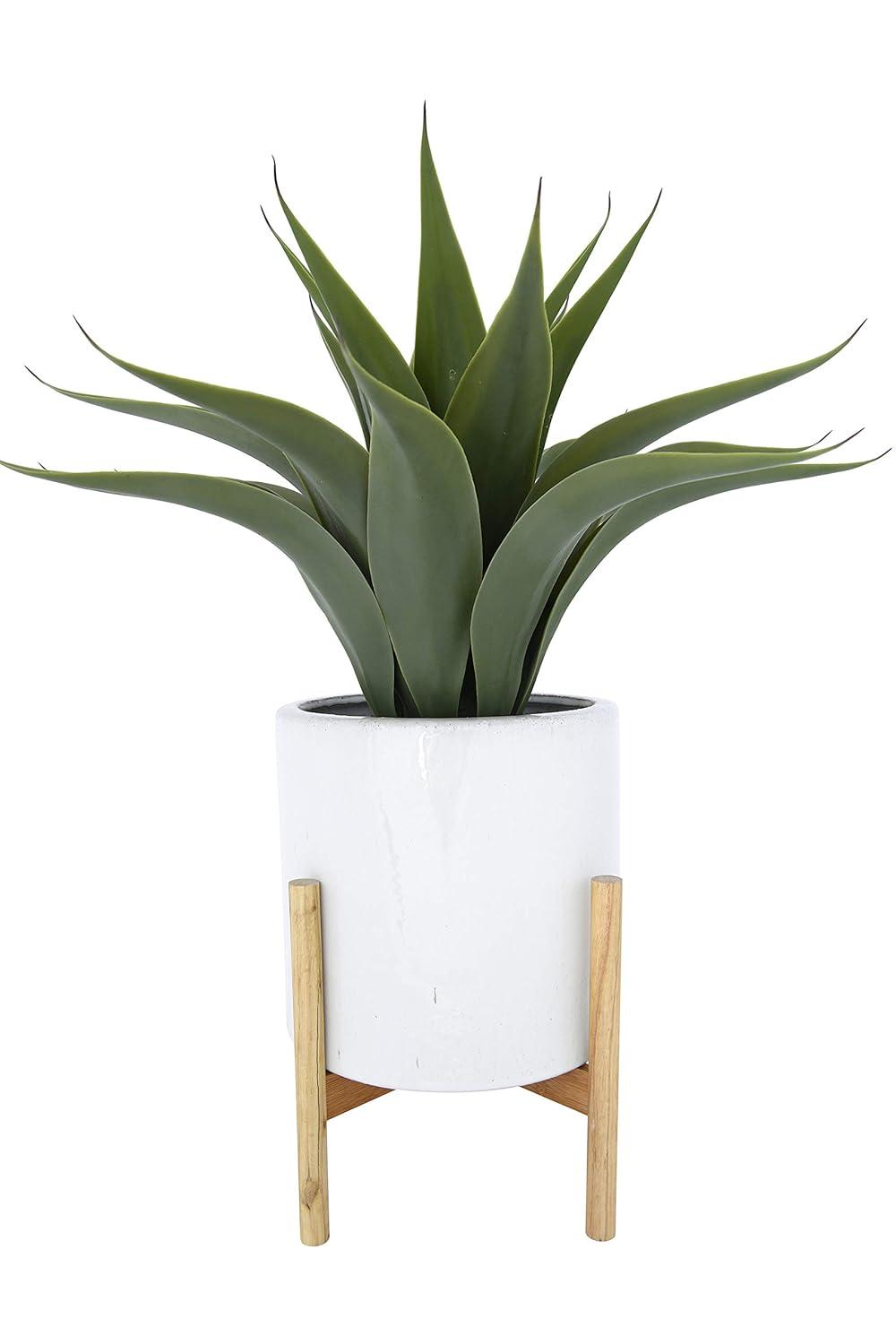 Creative Co-Op Round Stoneware Planter on Wood Holder (Set of 2 Pieces/Holds 10" Pot)