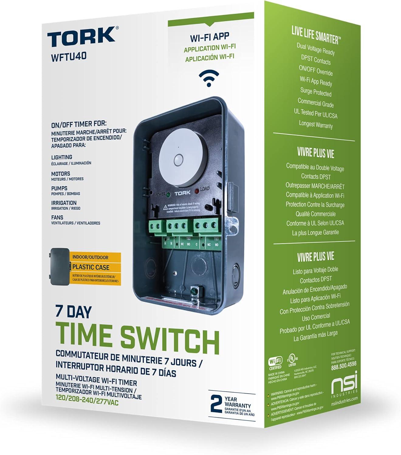 TORK WFTU40 Indoor/Outdoor Smart 7-Day, 40 Amp, Multi-Voltage Time Switch with Wi-Fi App Integration , Gray