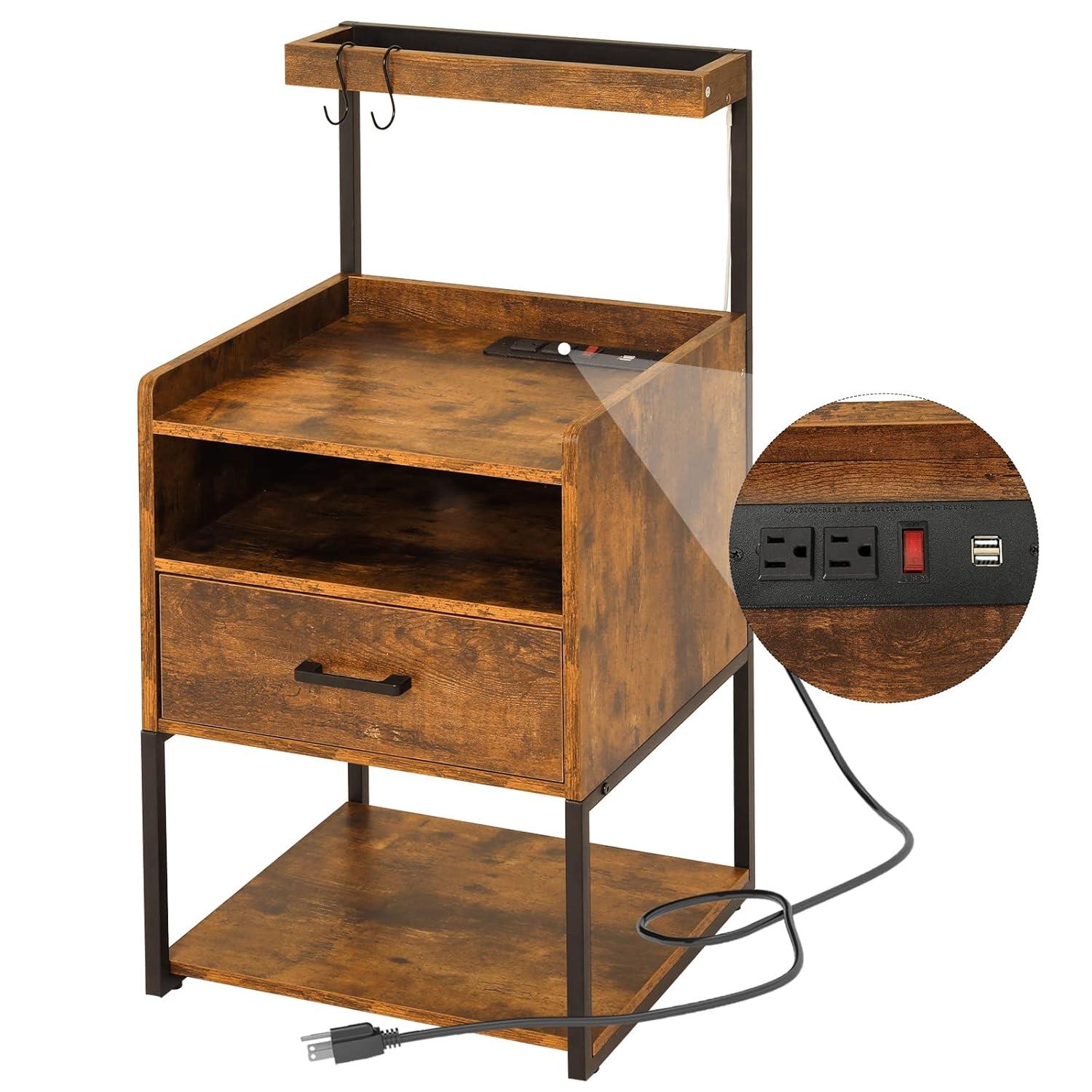Brown LED Night Stand with Charging Station, Modern Bedside Table for Bedroom