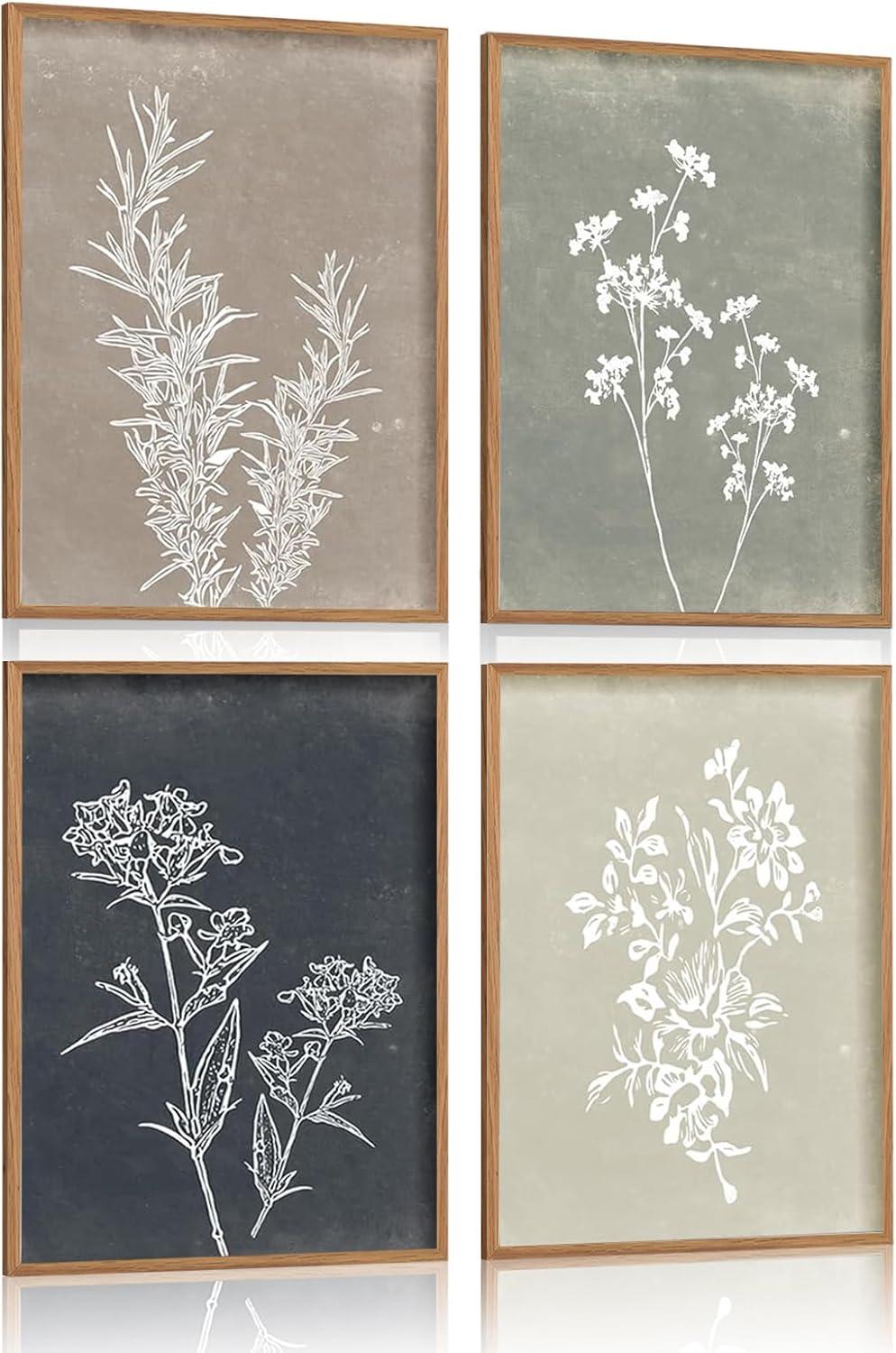 Brown Minimalist Botanical Print Framed Wall Art Set, 11x14 Inches