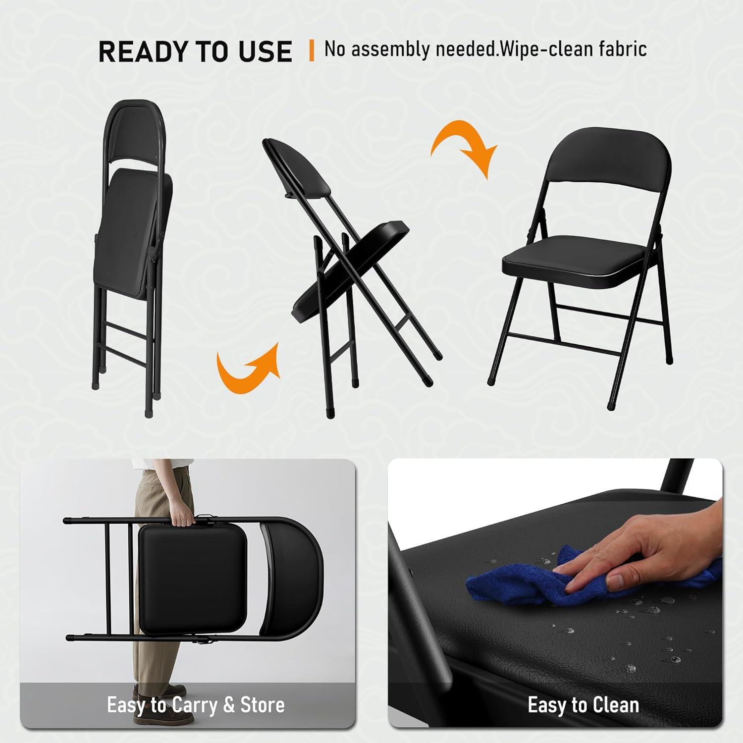 VENI 4-Pack Vinyl-Padded 30" Metal Folding Steel Chairs  Adult Foldable Chair 4 Pack, Black