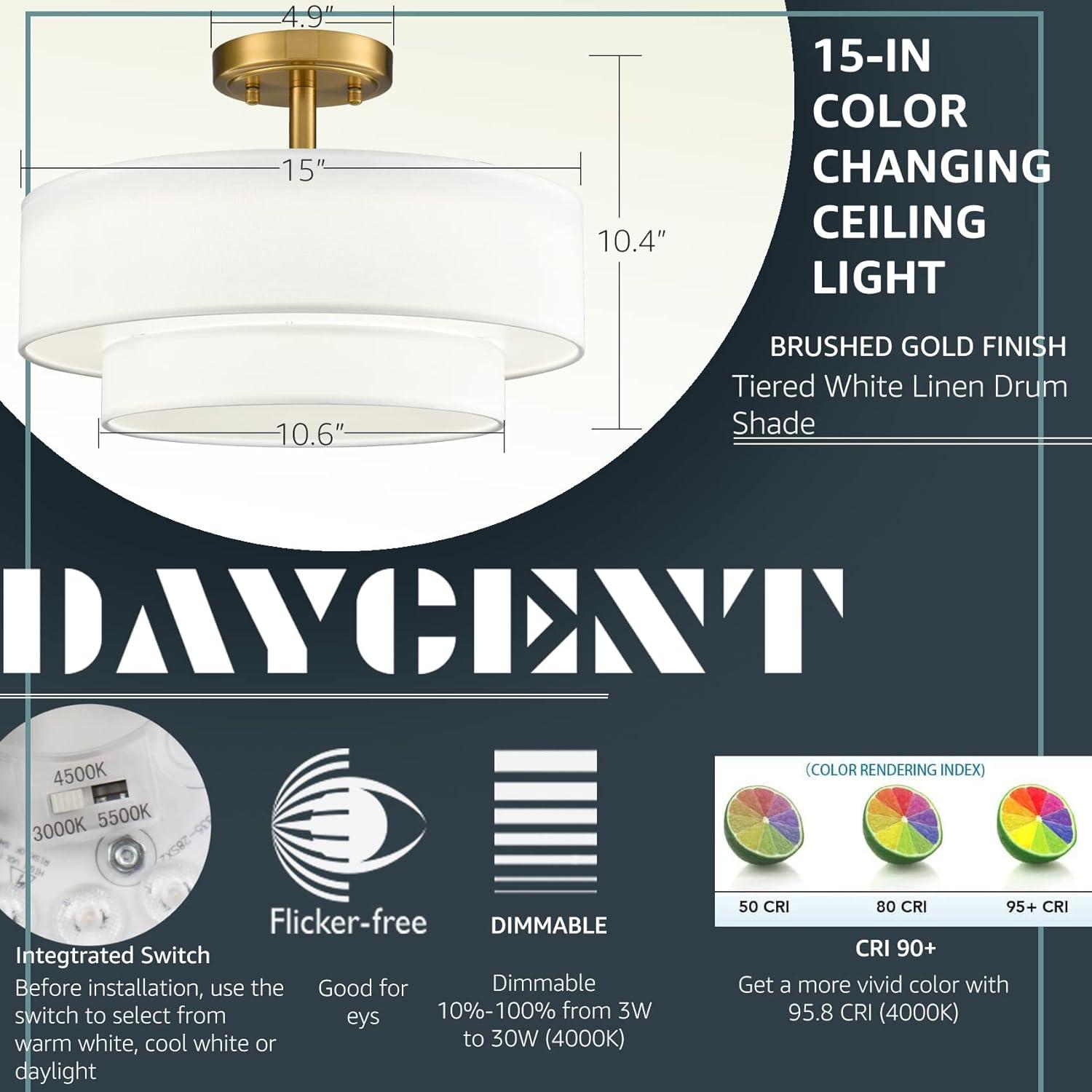 Claxy 15" Gold Semi Flush Mount LED Ceiling Light with Dual-Layer Drum Linen Shade