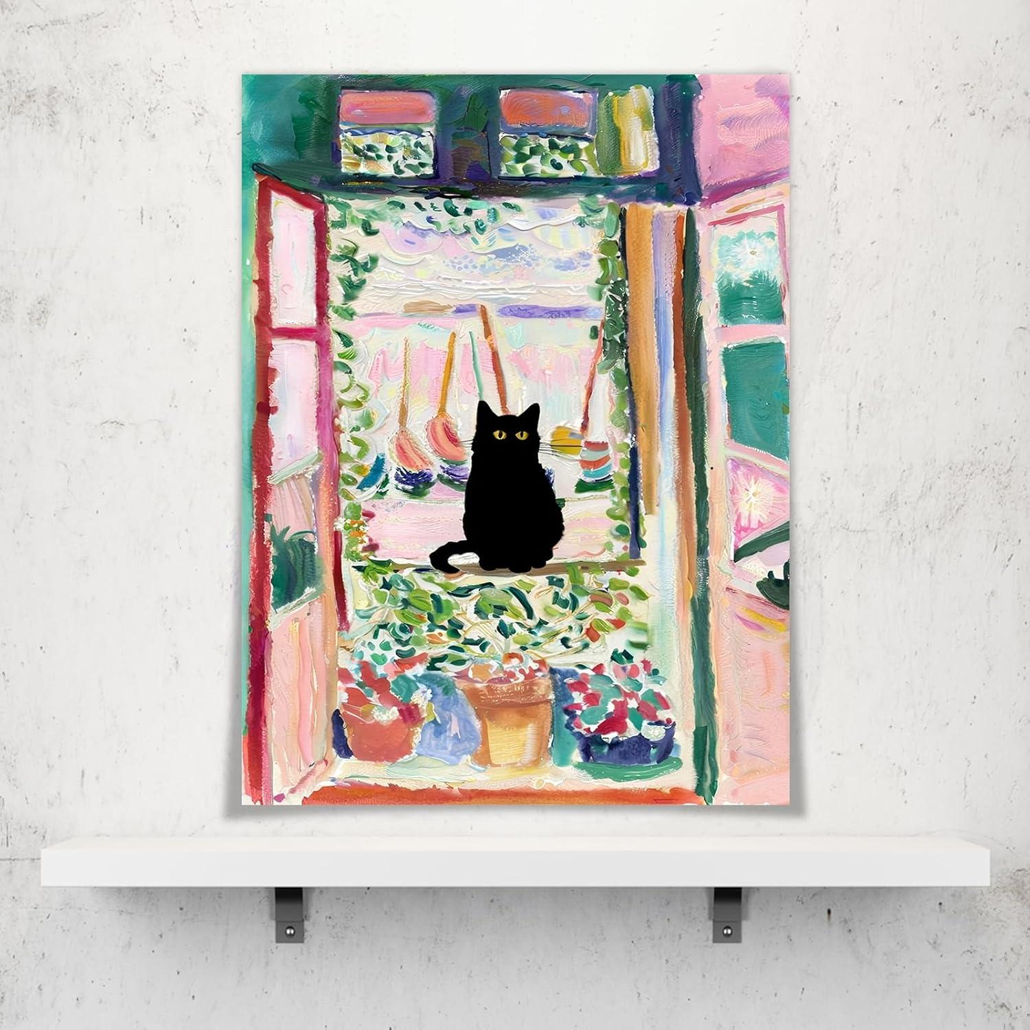 Henri Matisse Oil Paintings on Canvas Wall Art Matisse Famous Open Window Black Cat Poster Funny Cat Floral Print Colorful Farmhouse Gallery Aesthetic Room Decor for Bedroom Bathroom 12x16in Unframed