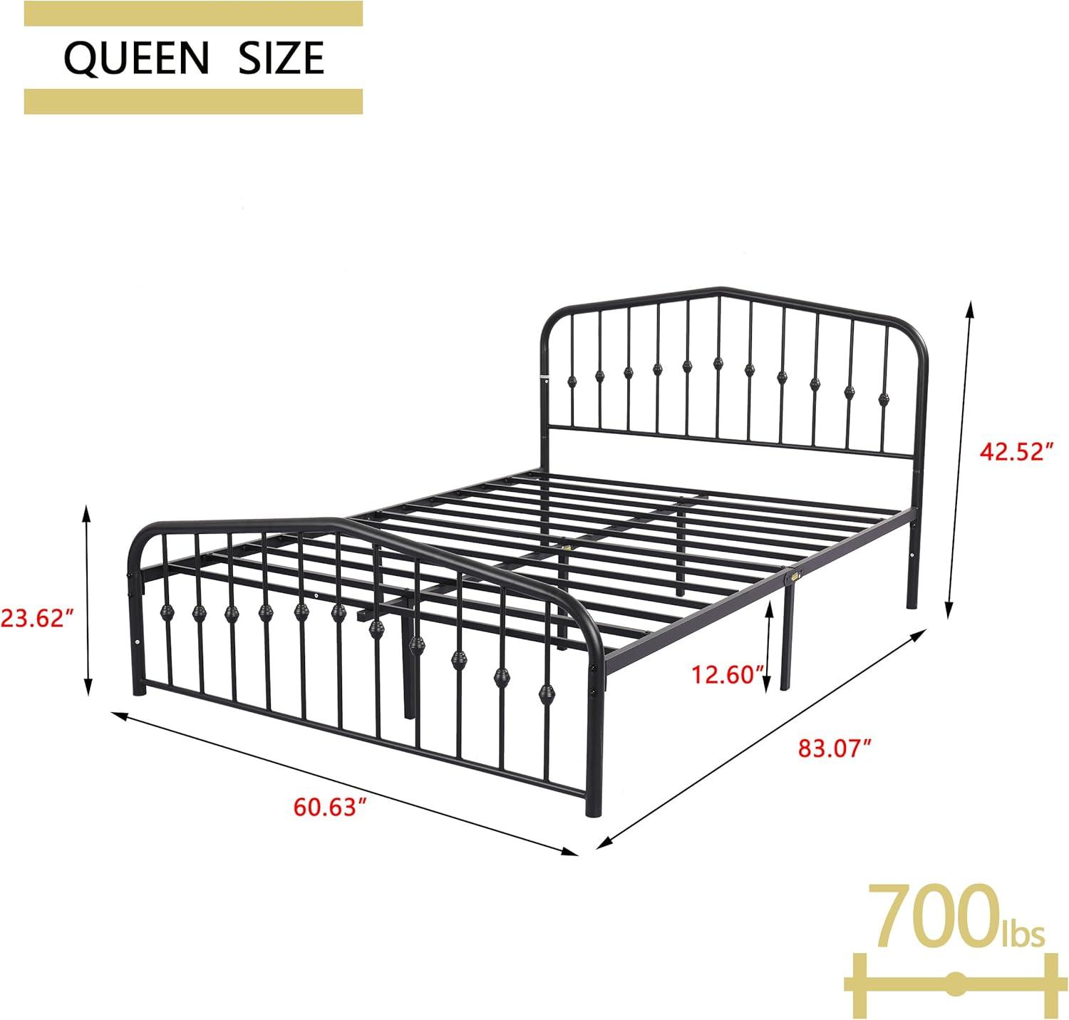 alazyhome Metal Bed Frame Queen Size Platform No Box Spring Needed with Vintage Headboard and Footboard Premium Steel Slat Support Mattress Foundation Black.