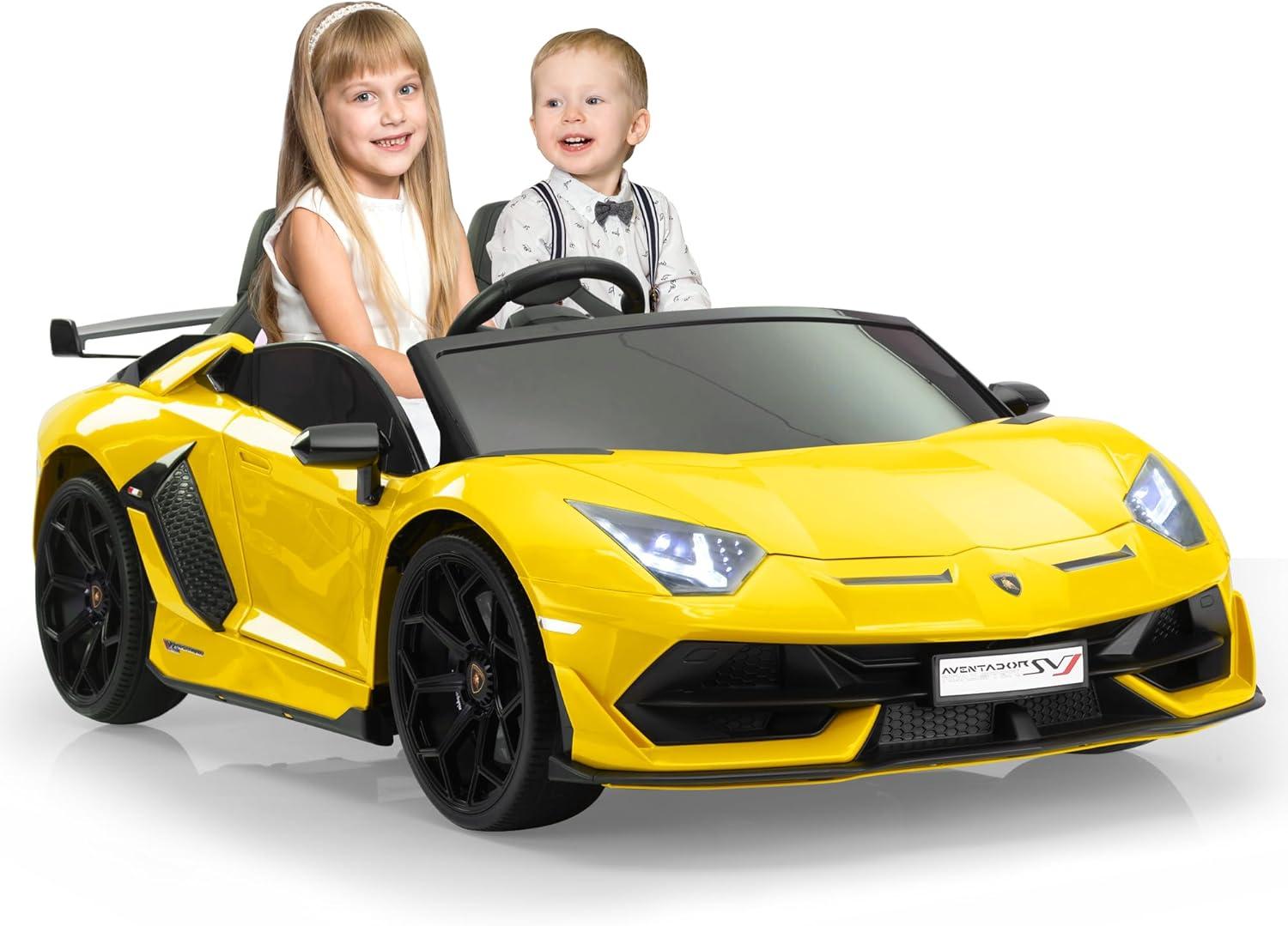 24V Lamborghini 2-seater Battery Powered Ride on with High/Low speed switch, Slow start function, Battery level display, MP3, USB, Light Drift Car for Kids 3-8