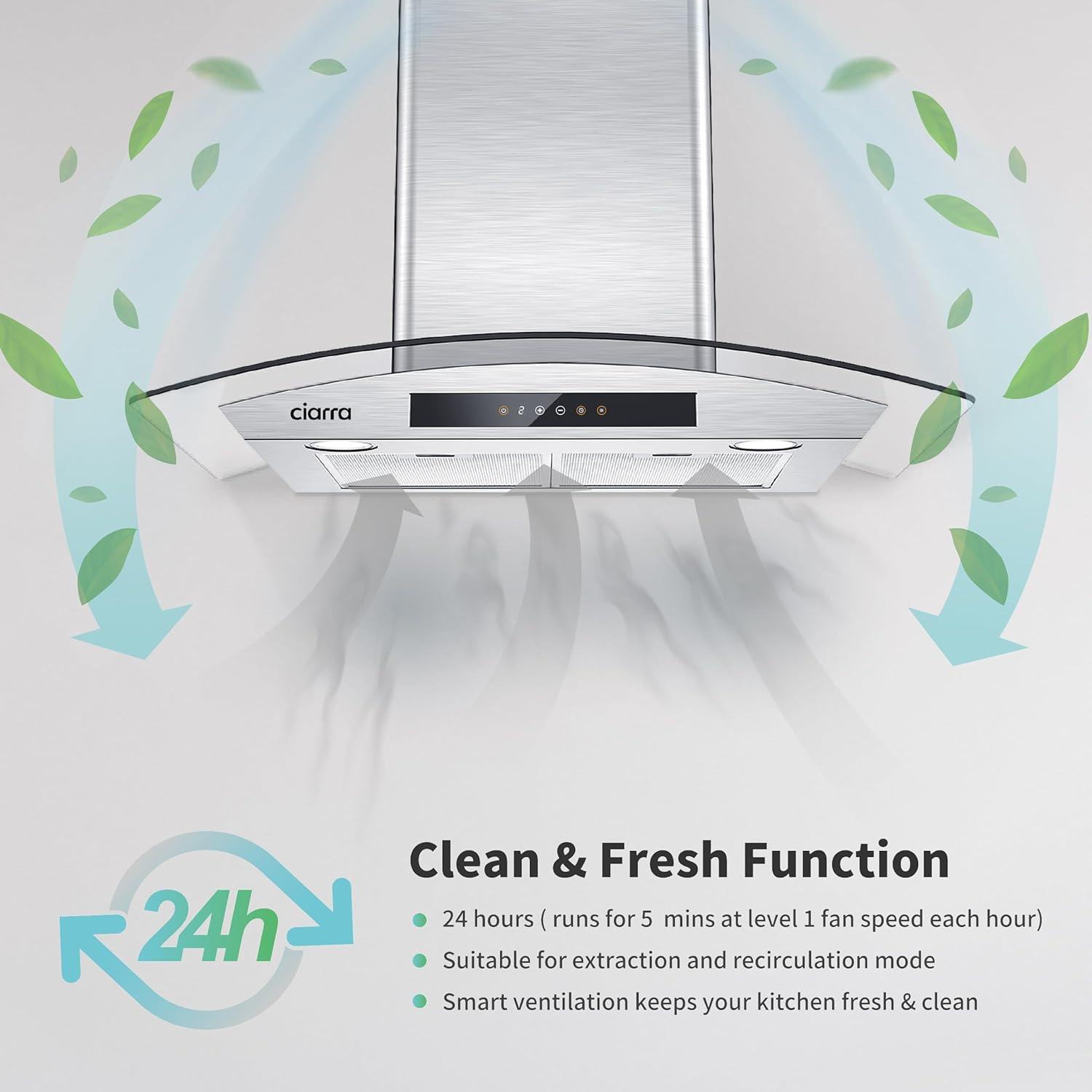 CIARRA Wall Mount Range Hood 30 inch with Tempered Glass 450 CFM Kitchen Vent Hood Ductless Ducted Convertible CAS50275