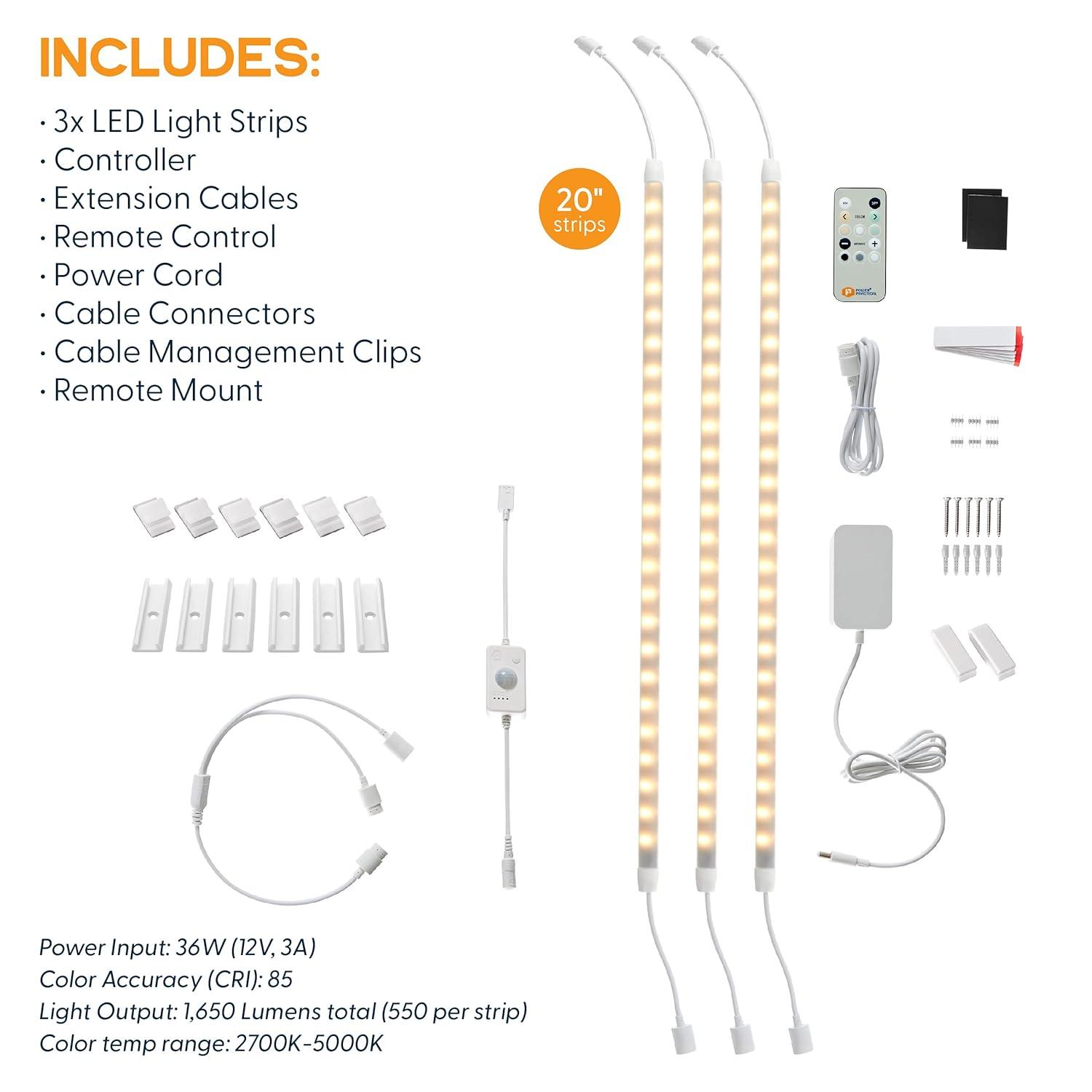Power Practical Under Cabinet LED Light Kit for Kitchen - 3 Lighting Strips, Power Supply, Motion Sensor, Mounting Brackets for Lights, Manual