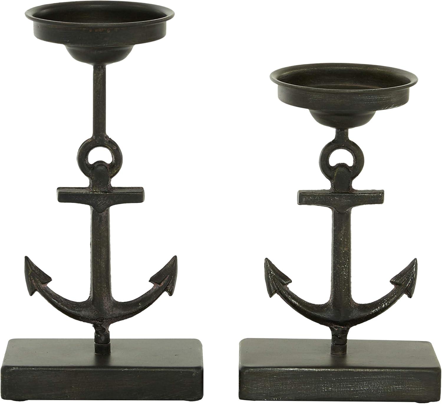 Olivia & May Set of 2 Metal Candle Holders with Ship Anchor Design - : Coastal Style Iron Pillar Candlestand Set