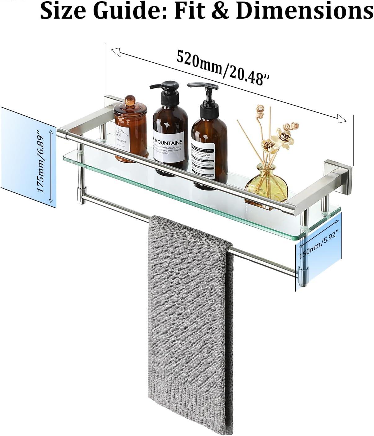 Alise Bathroom Glass Shelf Wall Mounted, Tempered Glass Bathroom Shelf with Towel Bar, SUS304 Stainless Steel Modern Floating Shelf, Brushed Nickel, 20 inch