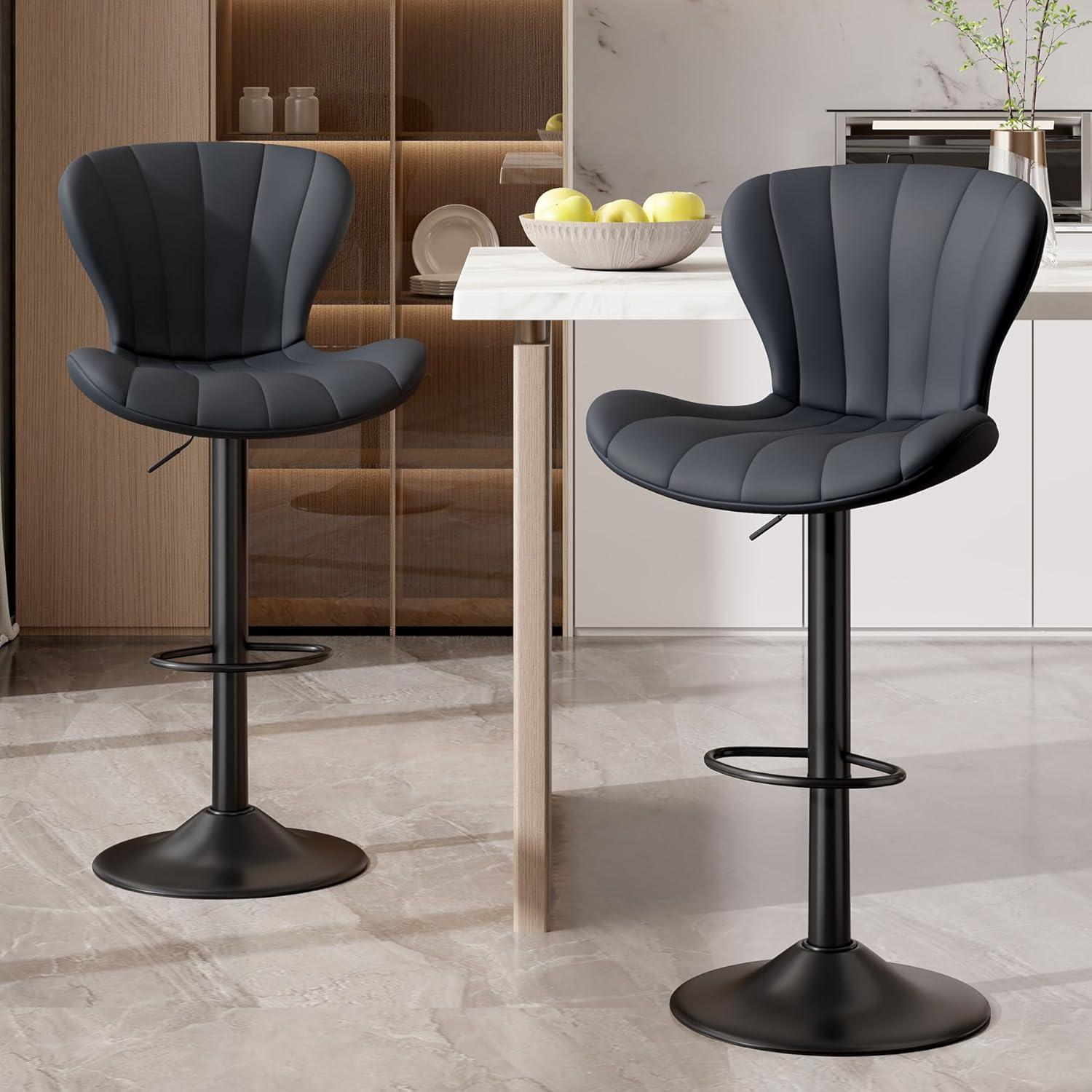 Modern Bar Stool Set of 2, Adjustable Faux Leather Upholstered Swivel Counter Stools, Counter Barstools with Back for Kitchen Island, Khaki