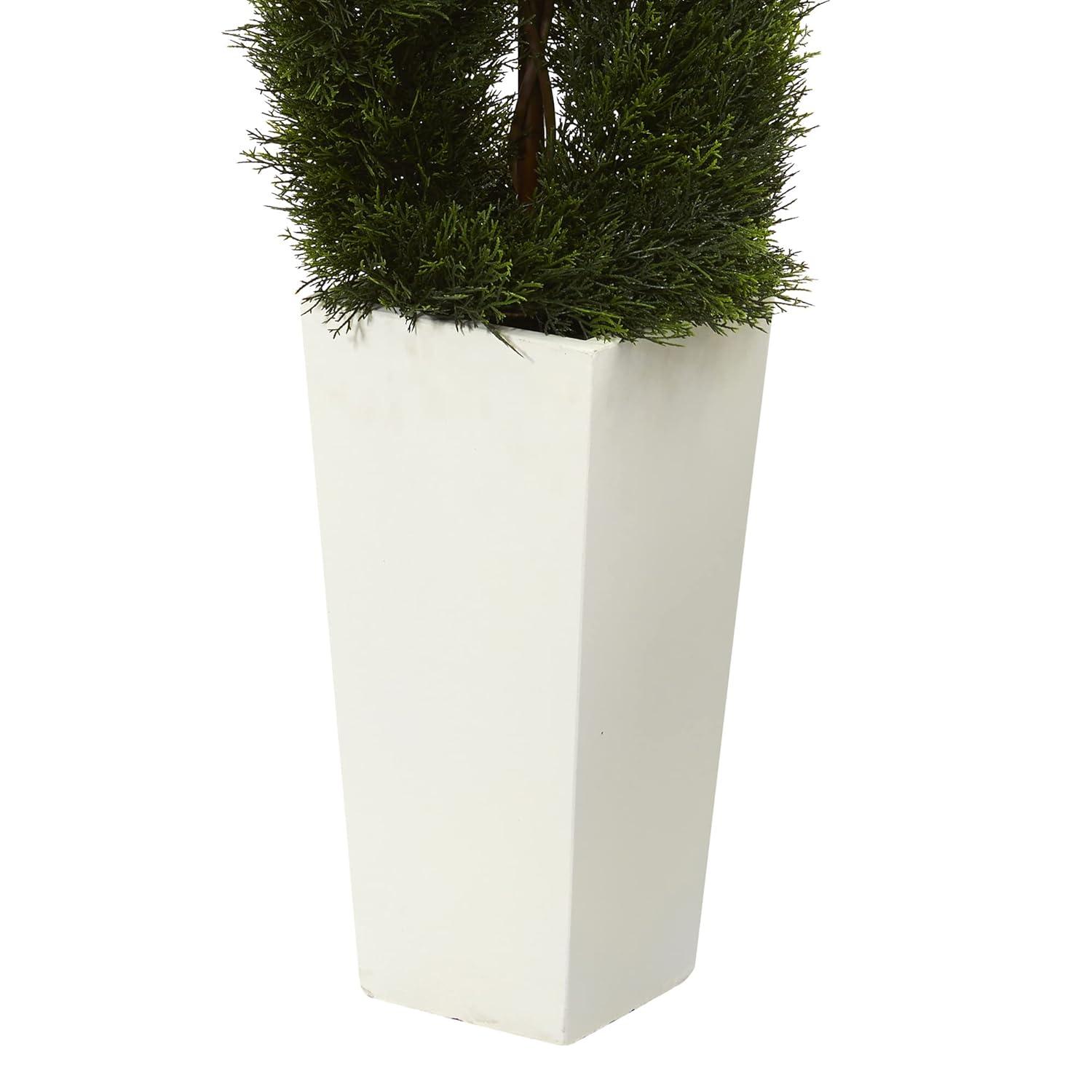 Nearly Natural 5.5' Double Pond Cypress Spiral Topiary Artificial Tree in White Tower Planter UV Resistant