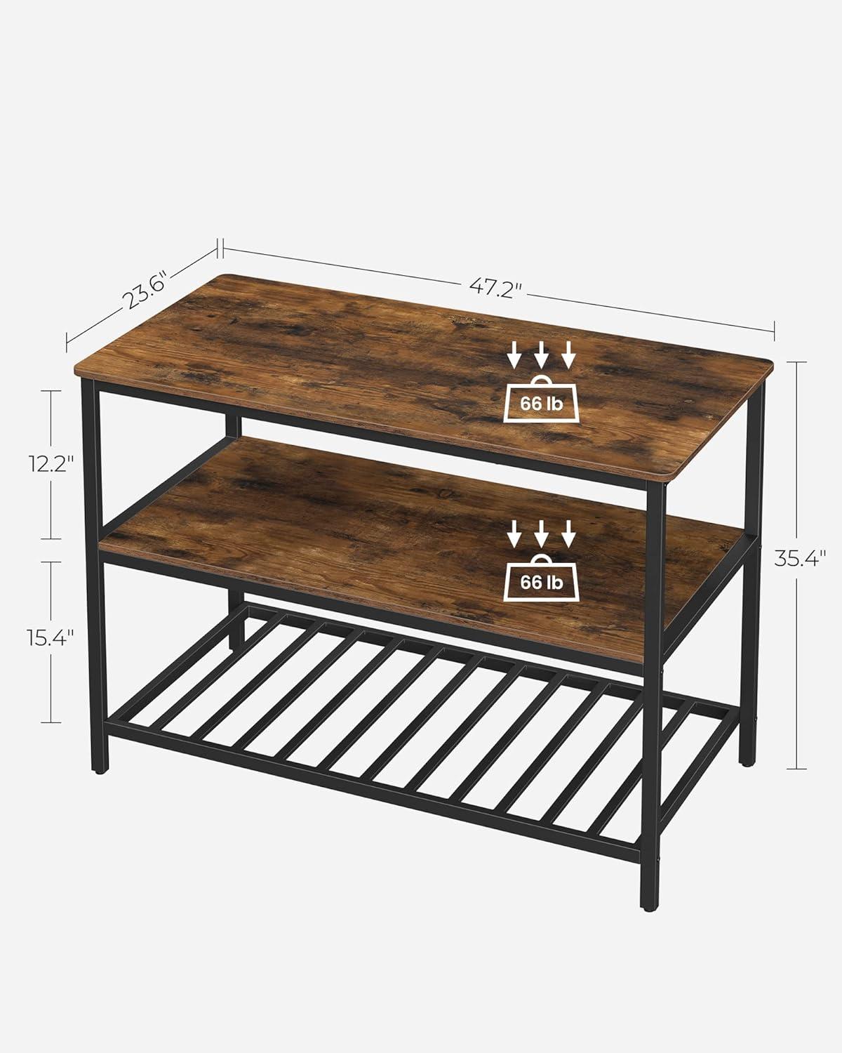 Rustic Brown and Black 3-Tier Kitchen Island with Shelves