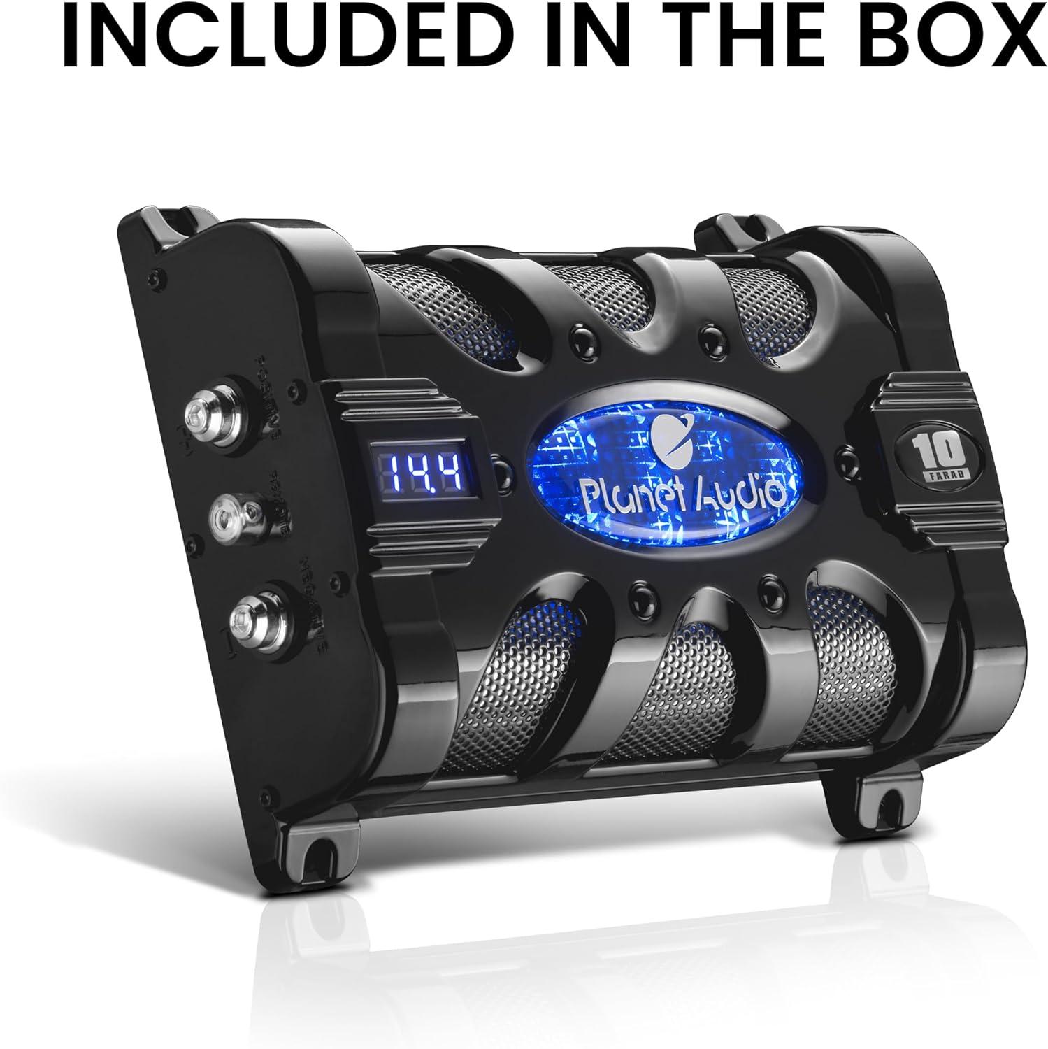 Planet Audio PC10F 10 Farad 24-Volt DC Surge 3-Digit Digital Blue LED Voltage Display Car Audio Power Capacitor Cap, Black