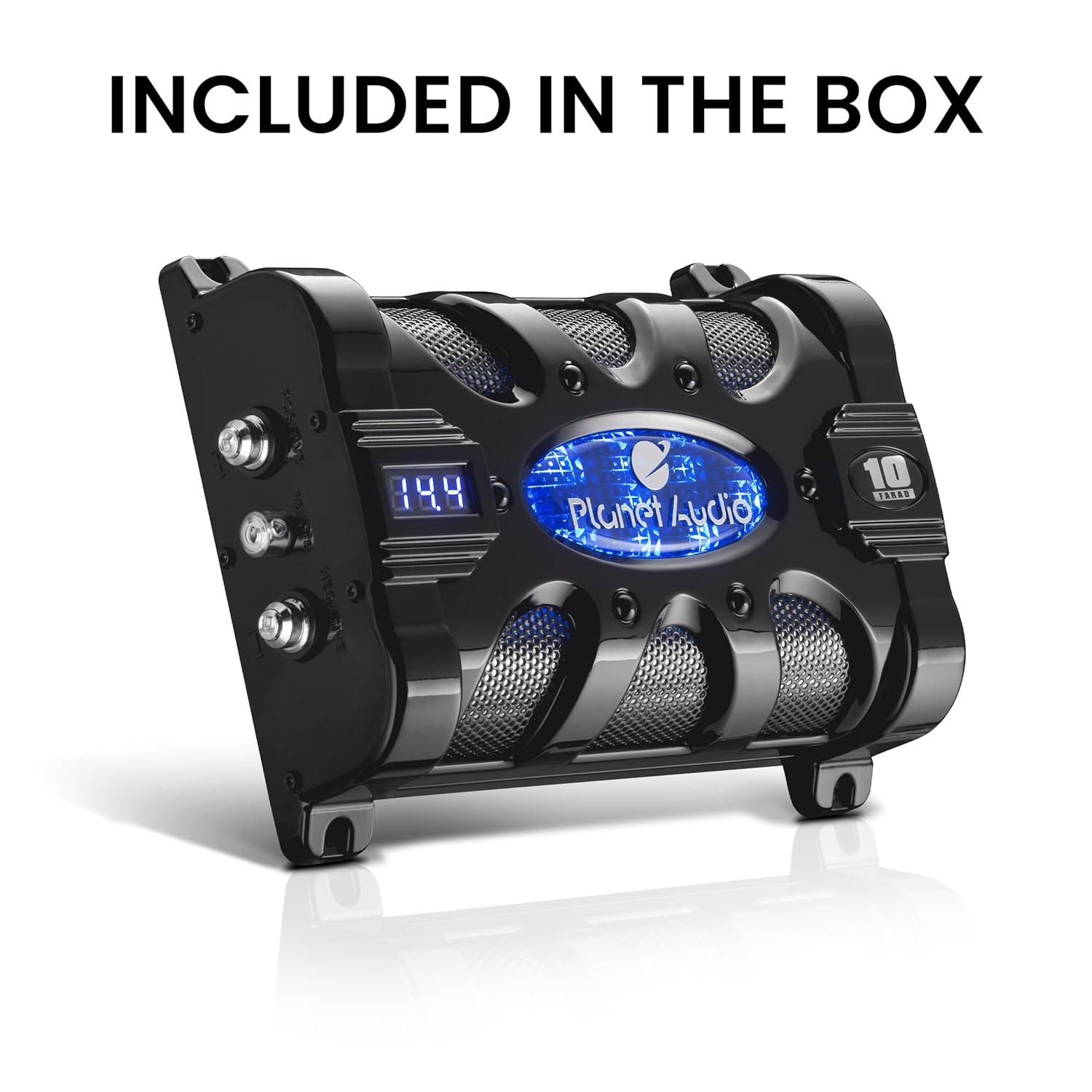 Planet Audio PC10F 10 Farad 24-Volt DC Surge 3-Digit Digital Blue LED Voltage Display Car Audio Power Capacitor Cap, Black