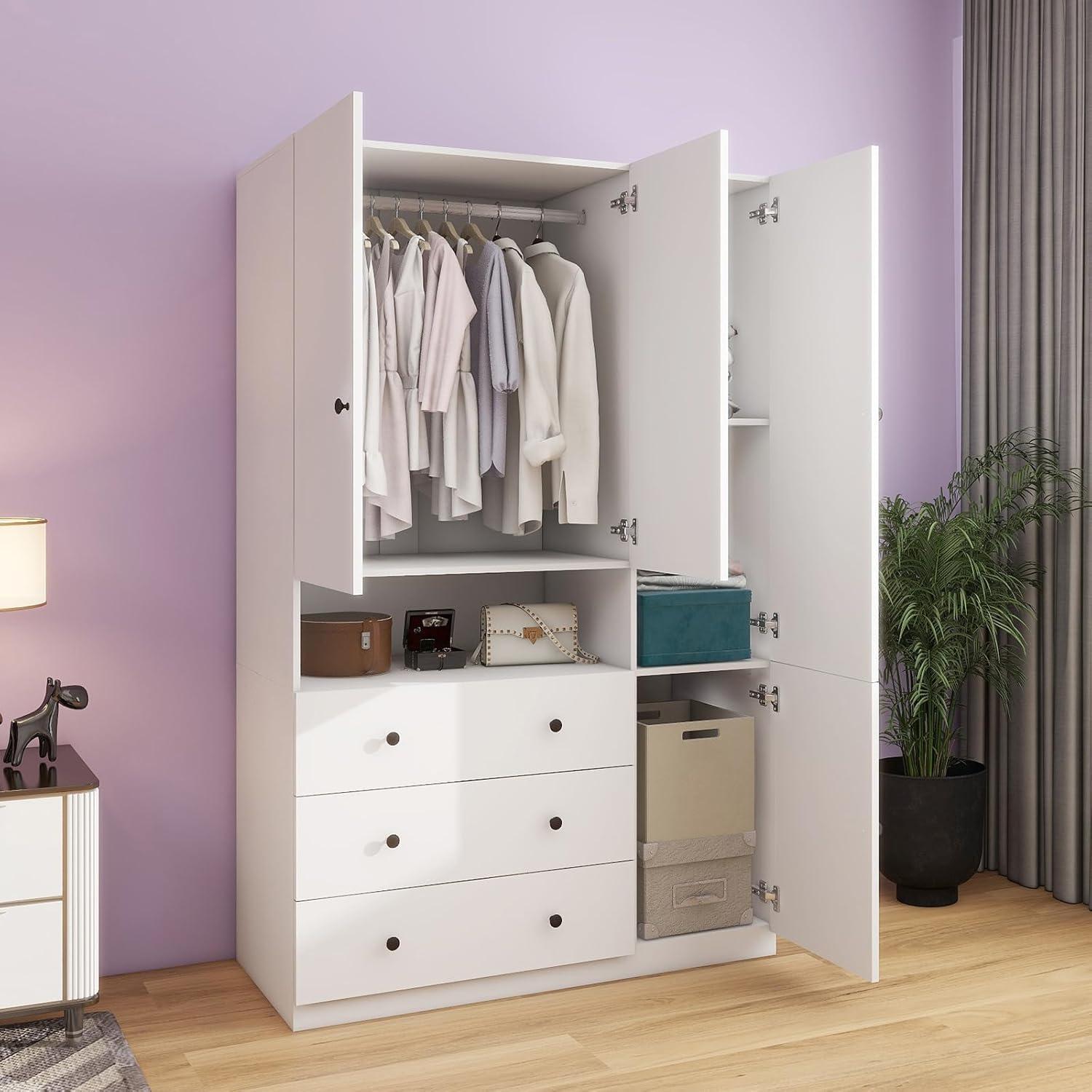 Livelylodge 74" Tall Freestanding 3-Door Wardrobe Armoire - White