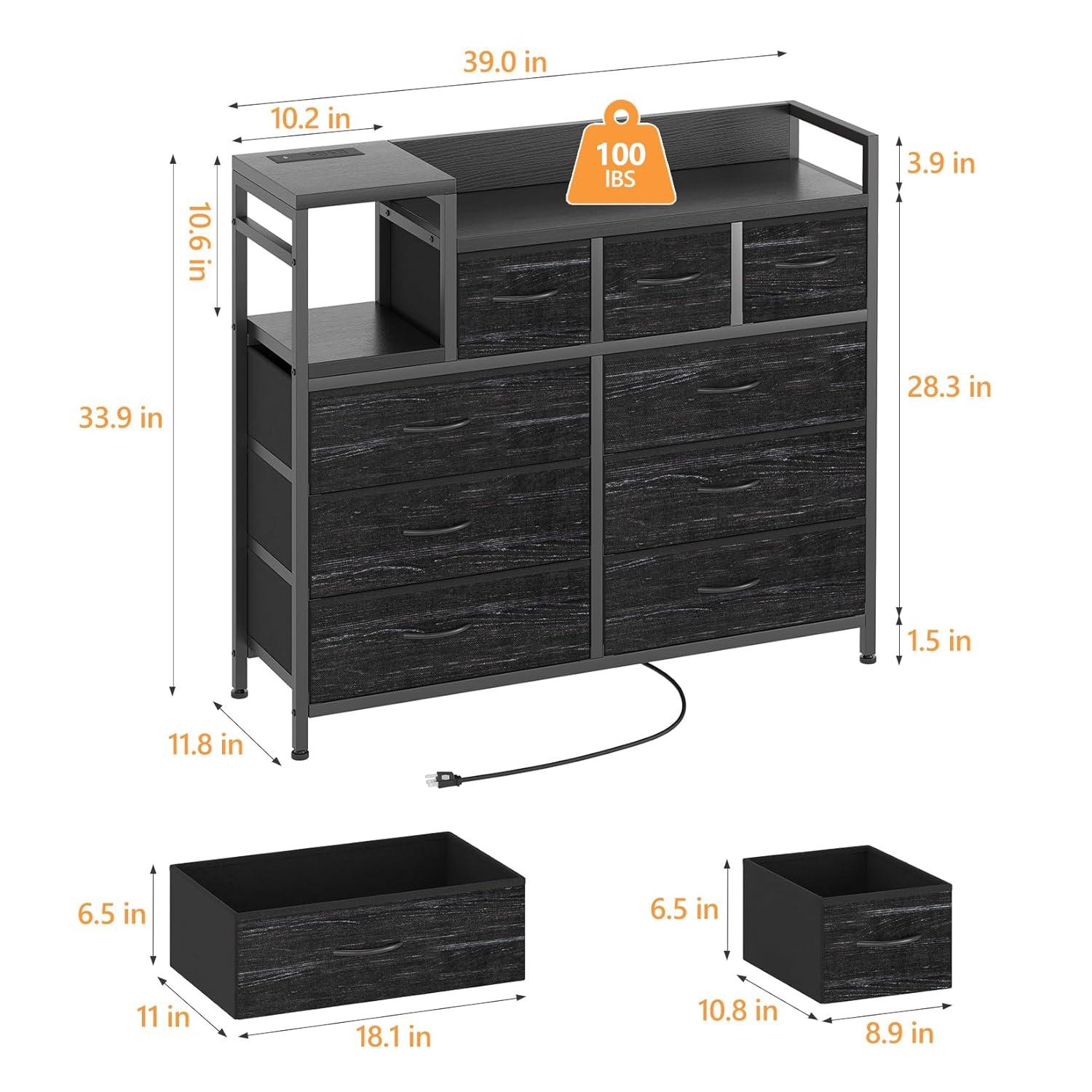 TROPOW TV Stand with Charging Station, Bedroom Dresser for Living Room TV Stand with 9 Drawers, Vintage,Black