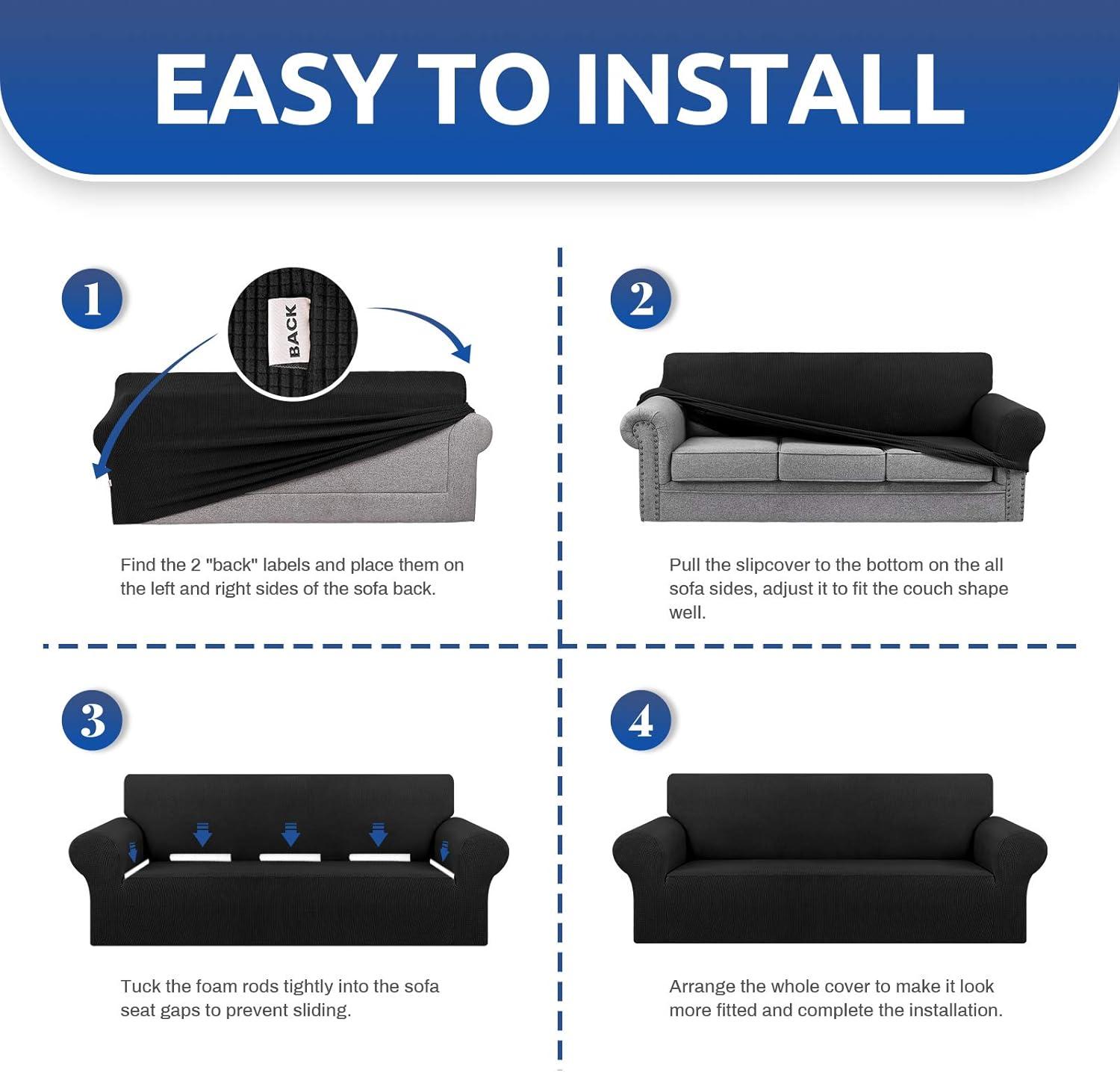 KEKUOU Stretch Oversized Sofa Slipcover 1 Piece Couch Sofa Cover (94"-110") Furniture Protector 4 Seater Sofa with Elastic Bottom for Kids,Pet.Jacquard Checked Pattern Fabric(X Large,Black)