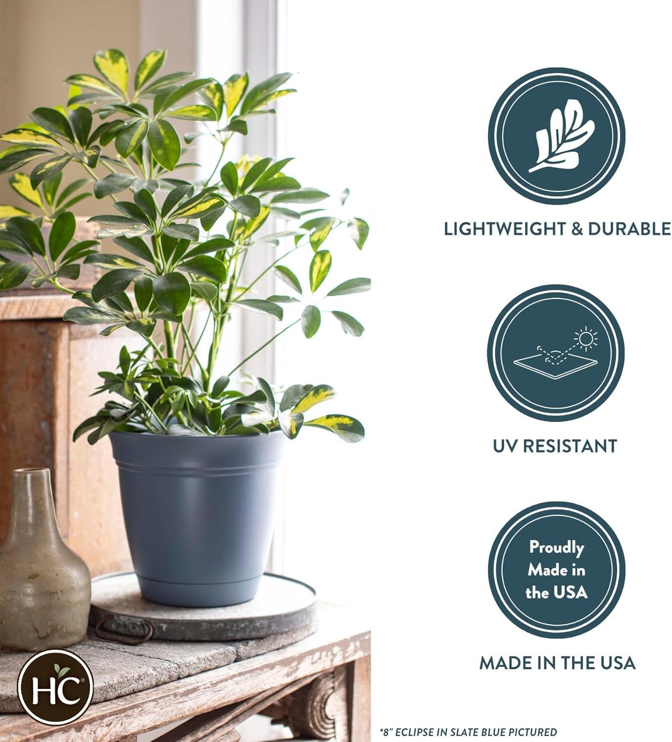 The HC Companies Eclipse Round Planter with Saucer - Outdoor & Indoor Plant Pot with Drainage Holes - Lightweight, UV-Resistant Plastic Pots for Plants, Flowers & Herbs (10" Slate Blue, Pack of 1)