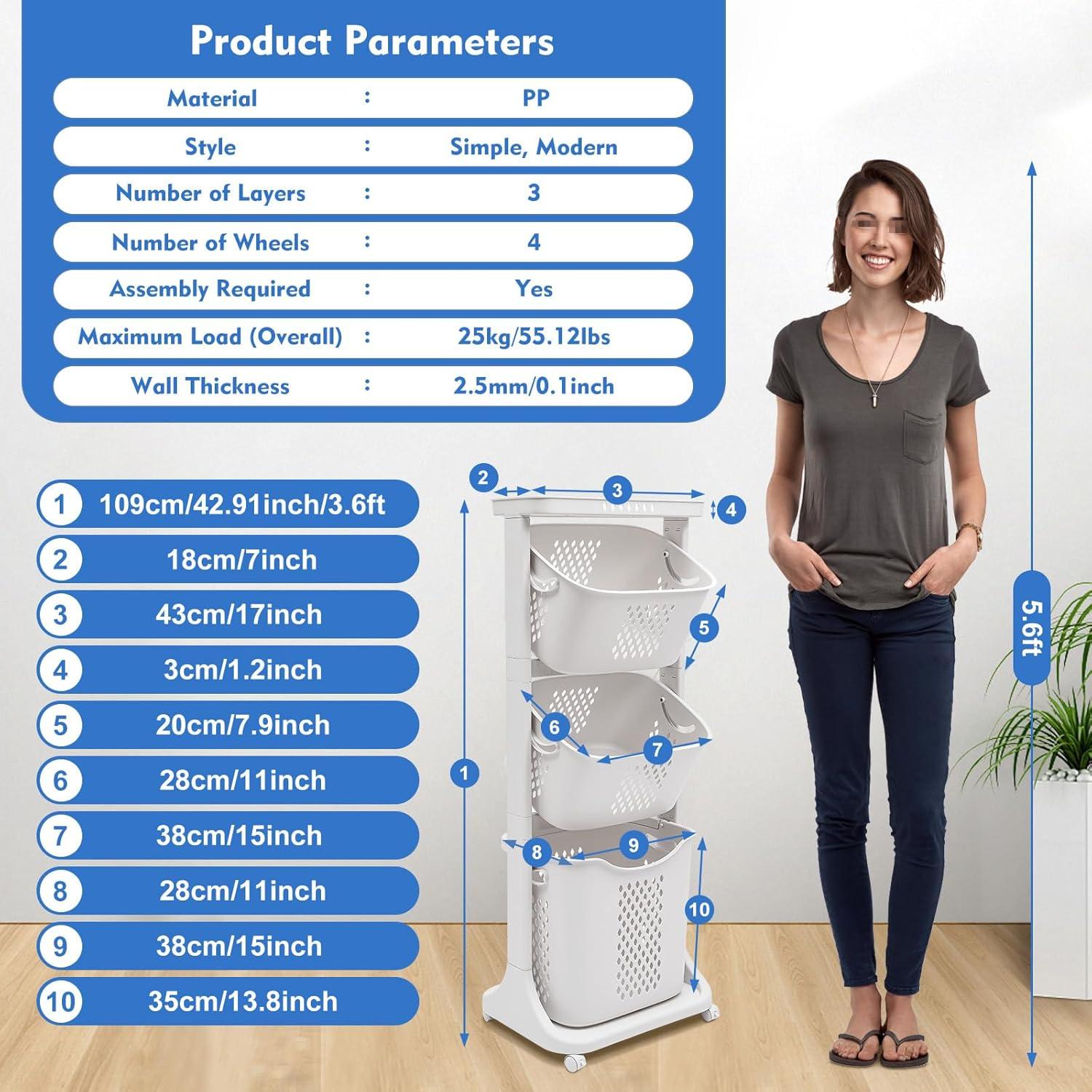 Ivy Bronx Ivy Bronx Rolling Laundry Hamper Cart with Wheels, 3 Tier Laundry Baskets