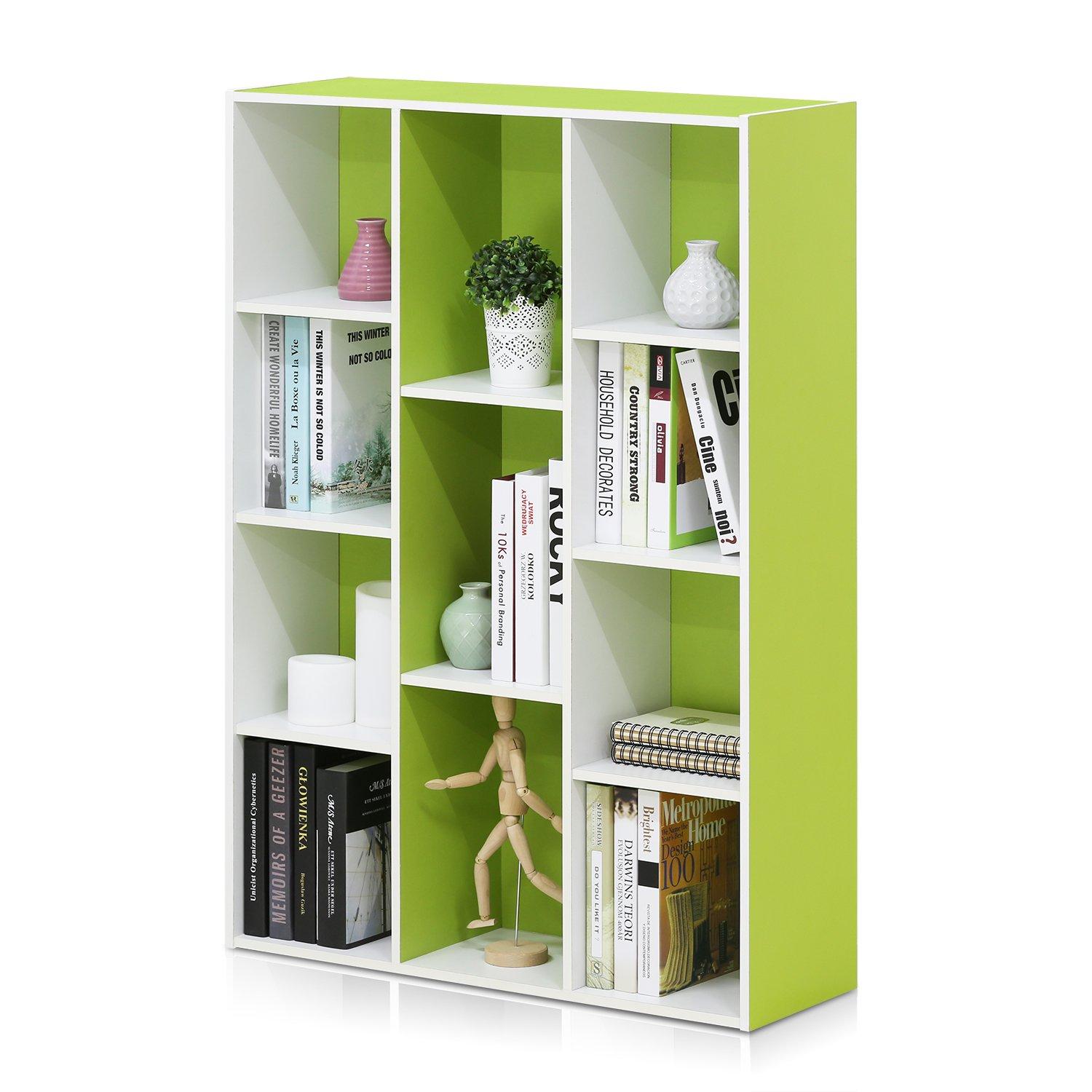 Furinno 3-tier Open Bookcase 11-Cube Floor Standing Storage Shelves Display Cabinet,Green