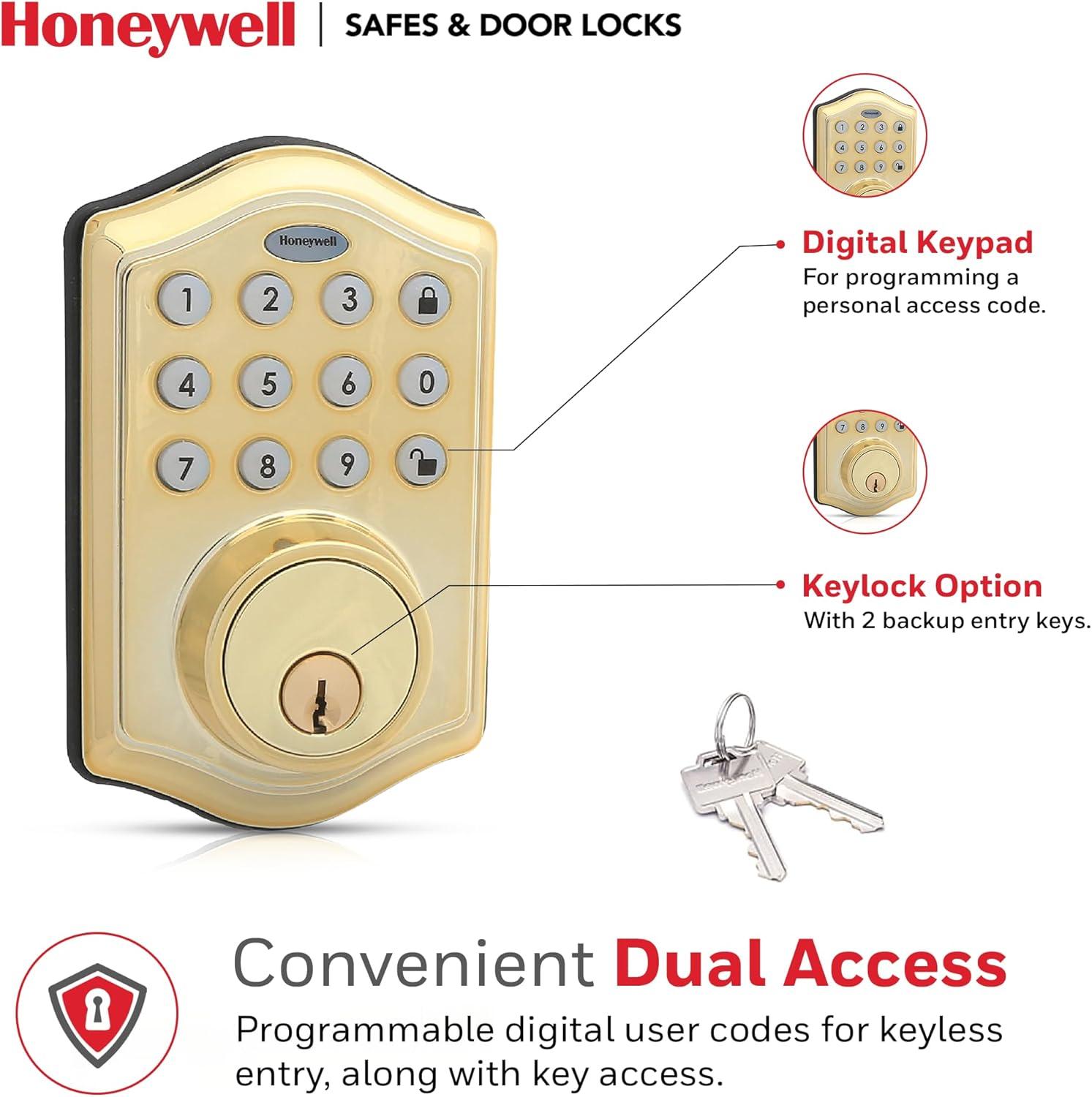 Honeywell Electronic Deadbolt- Polished Brass: Single Cylinder Door Lock, Steel & Plastic, Electric, Gold Finish