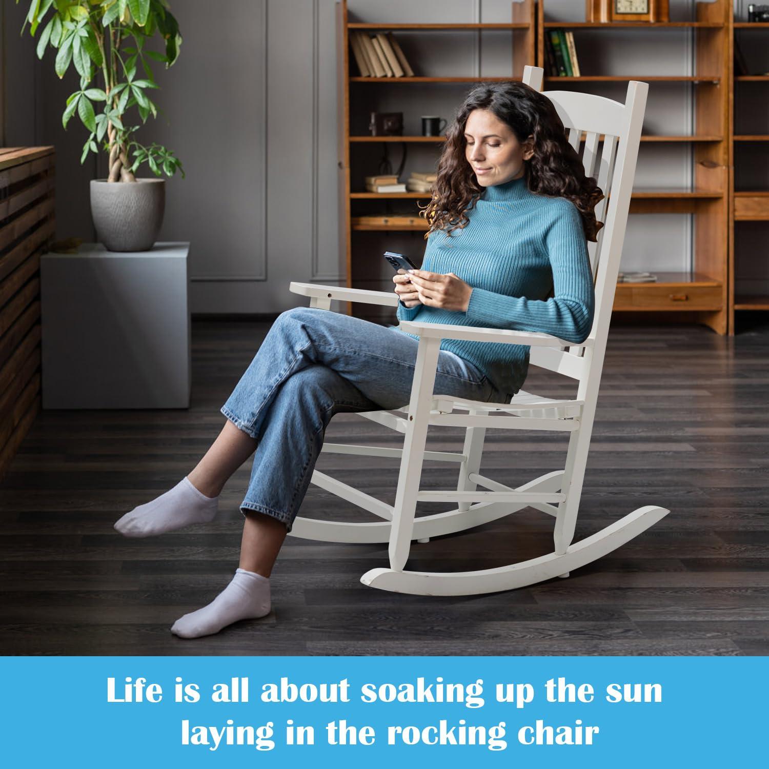 OverPatio Outdoor Porch Rocker/Rocking Chair Wood, Patio Wood Rocker, Woode n Furniture Seat for Living Room, Sitting Room, White