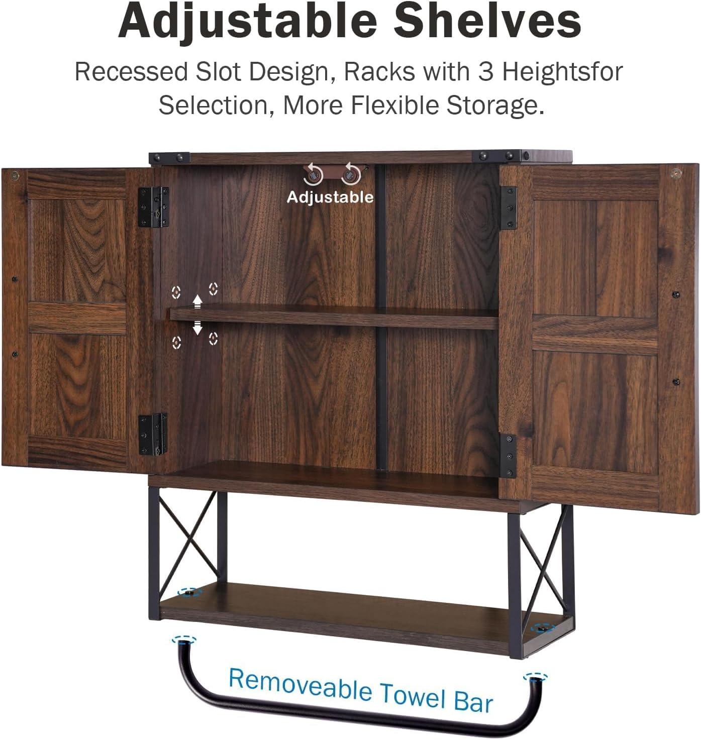 Farmhouse Rustic Medicine Cabinet With Two Barn Door,Wood Wall Mounted Storage Cabinet With Adjustable Shelf And Towel Bar, 3-Tier Cabinet For Bathroom, Living Room