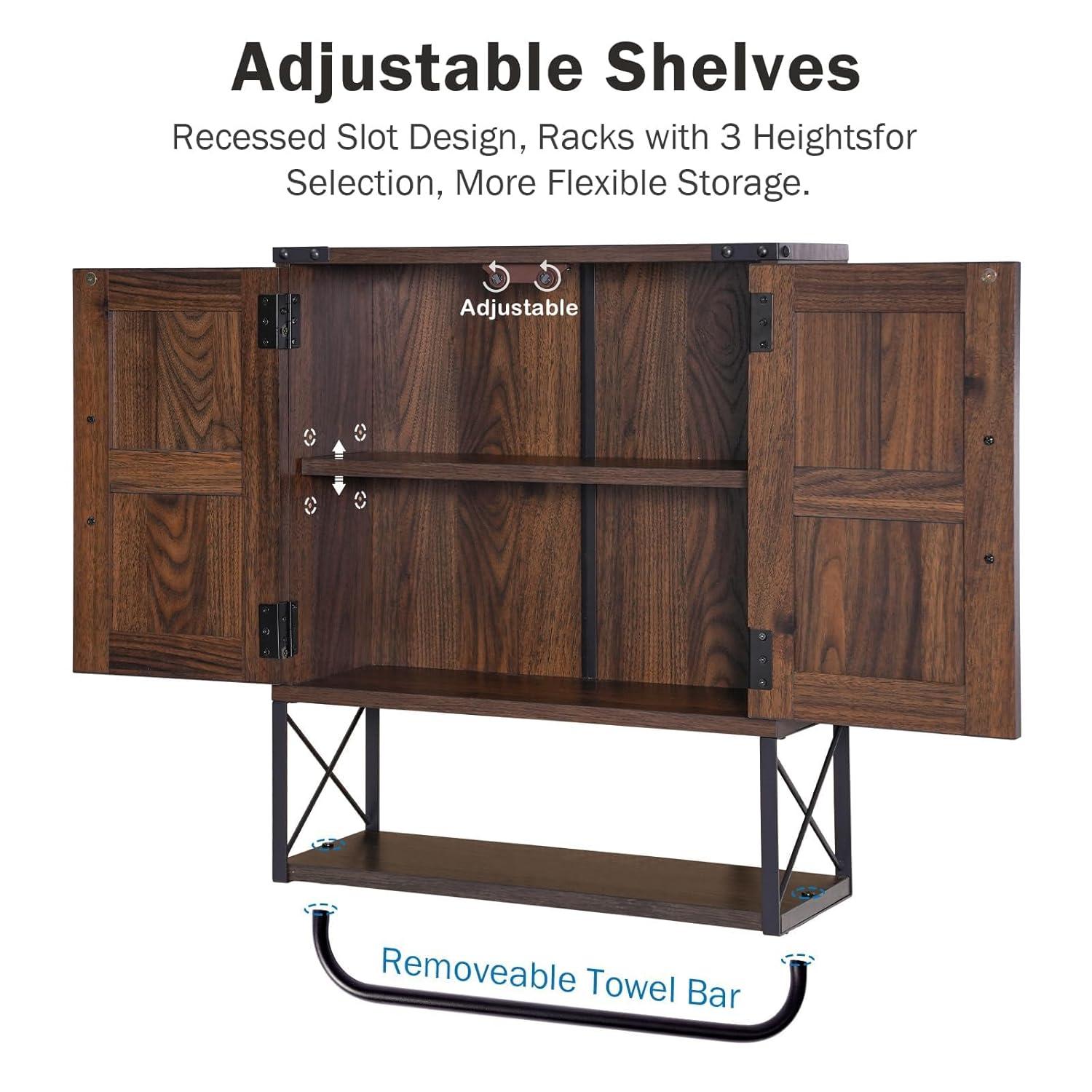 Farmhouse Rustic Medicine Cabinet With Two Barn Door,Wood Wall Mounted Storage Cabinet With Adjustable Shelf And Towel Bar, 3-Tier Cabinet For Bathroom, Living Room